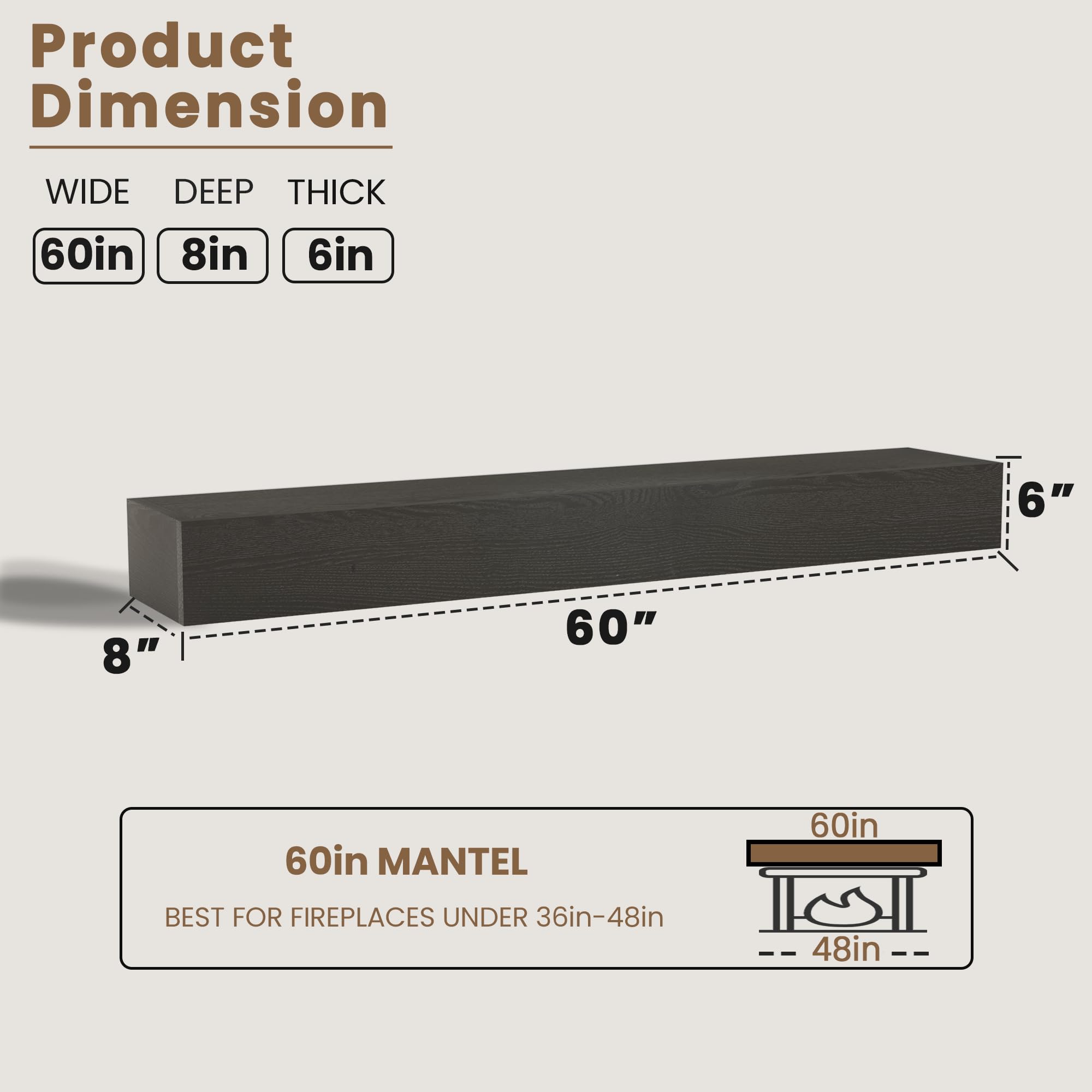 60 Inch Floating Fireplace Mantel Shelf - Rustic Wood Wall Mounted Display Shelf for Home Decor - Farmhouse & Traditional Style - 60