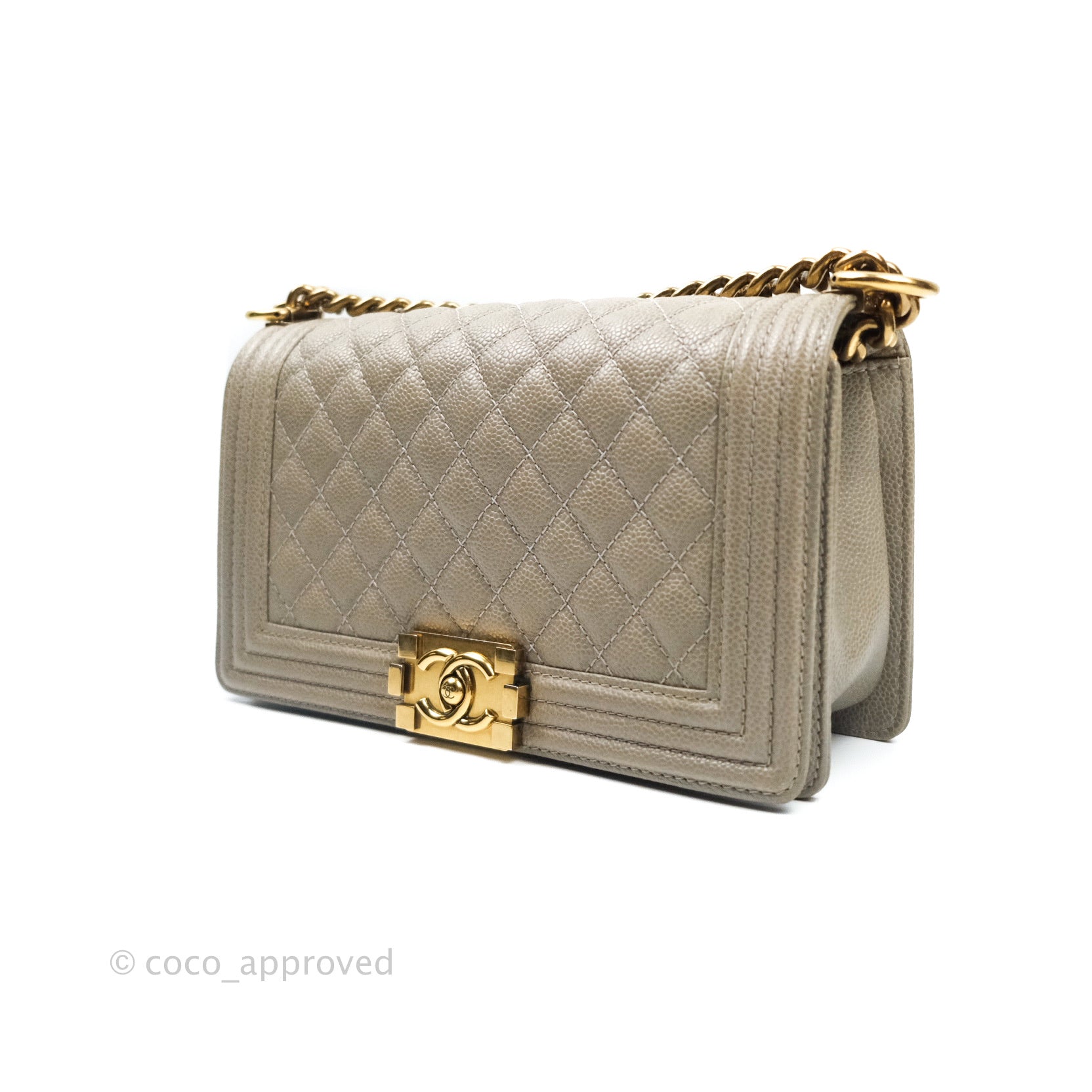 Chanel Boy Quilted Medium Handbag in Taupe Grey Caviar Leather with Gold Hardware - Perfect for Work, Evening Events & Luxury Fashion Accessories