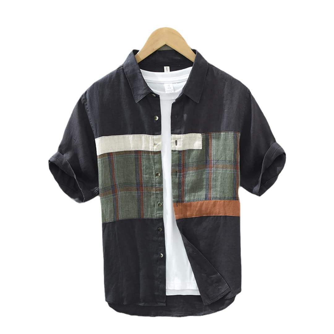 Men's Short Sleeve Linen Shirt - Breathable Casual Summer Shirt with Lapel & Plaid Patchwork Design | Perfect for Beach Outings, Office Casual Wear & Summer Travel