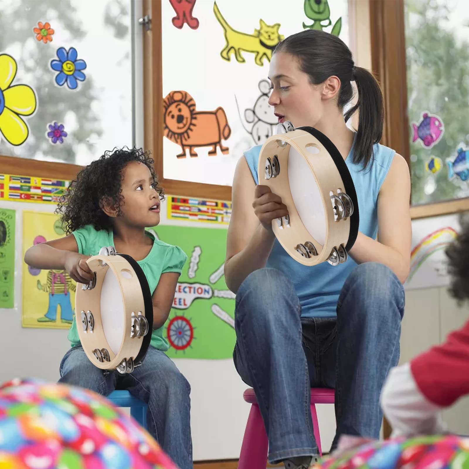 ZEAYEA 2 Pack Handheld Tambourine Set - 8 Inch & 10 Inch Double Row Jingle Percussion Instrument for Kids, Adults, Church & Music Education - Perfect for Games, Parties, Worship & Classroom Activities