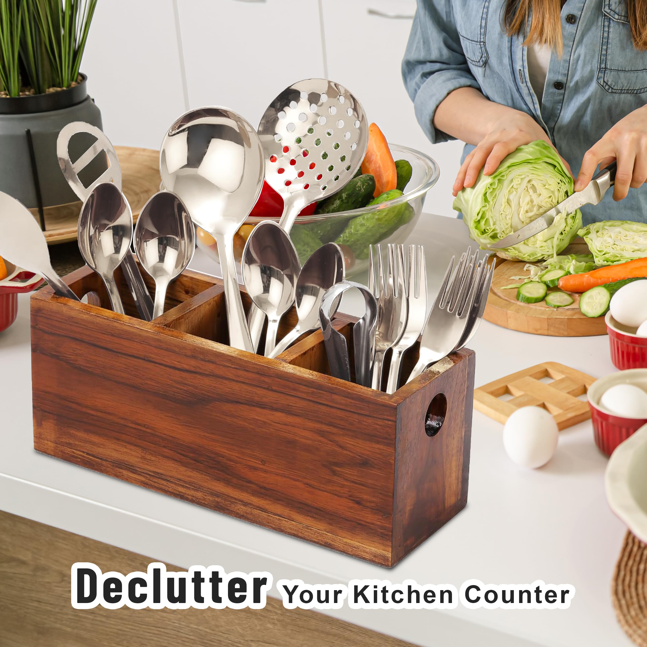 Premium Teak Wood Cutlery Holder for Kitchen, Dining Table & Hotel - 3 Compartment Organizer | Stylish & Durable Utensil Storage for Home & Restaurant Use