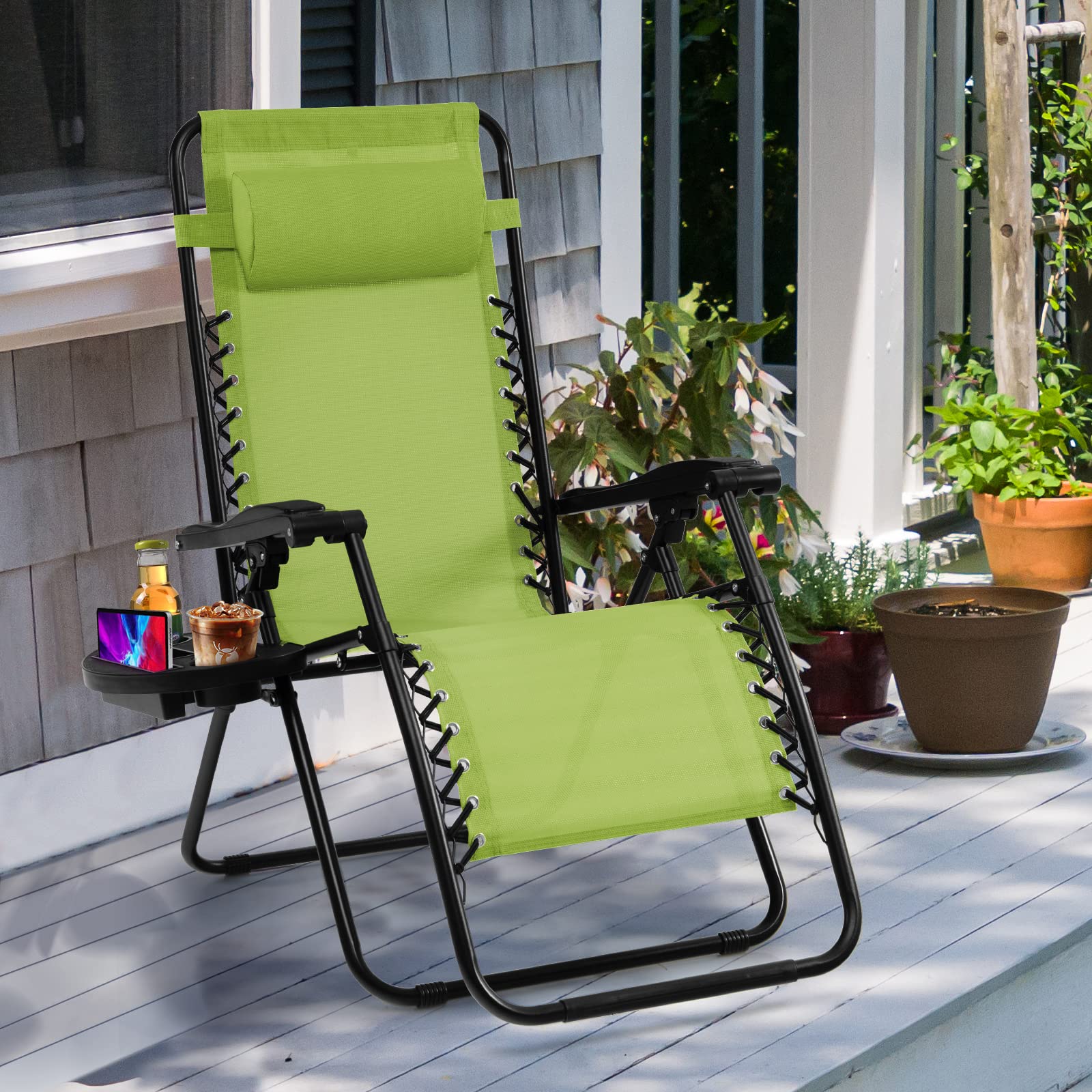 Goplus Zero Gravity Lounge Chairs - 160° Adjustable Folding Recliner with Pillow & Cup Holder, 350LBS Weight Capacity - Comfortable Outdoor Patio Chairs for Backyard, Poolside, Beach & Camping (Green, 1-Pack) - Perfect for Relaxing, Sunbathing & Outdoor Leisure