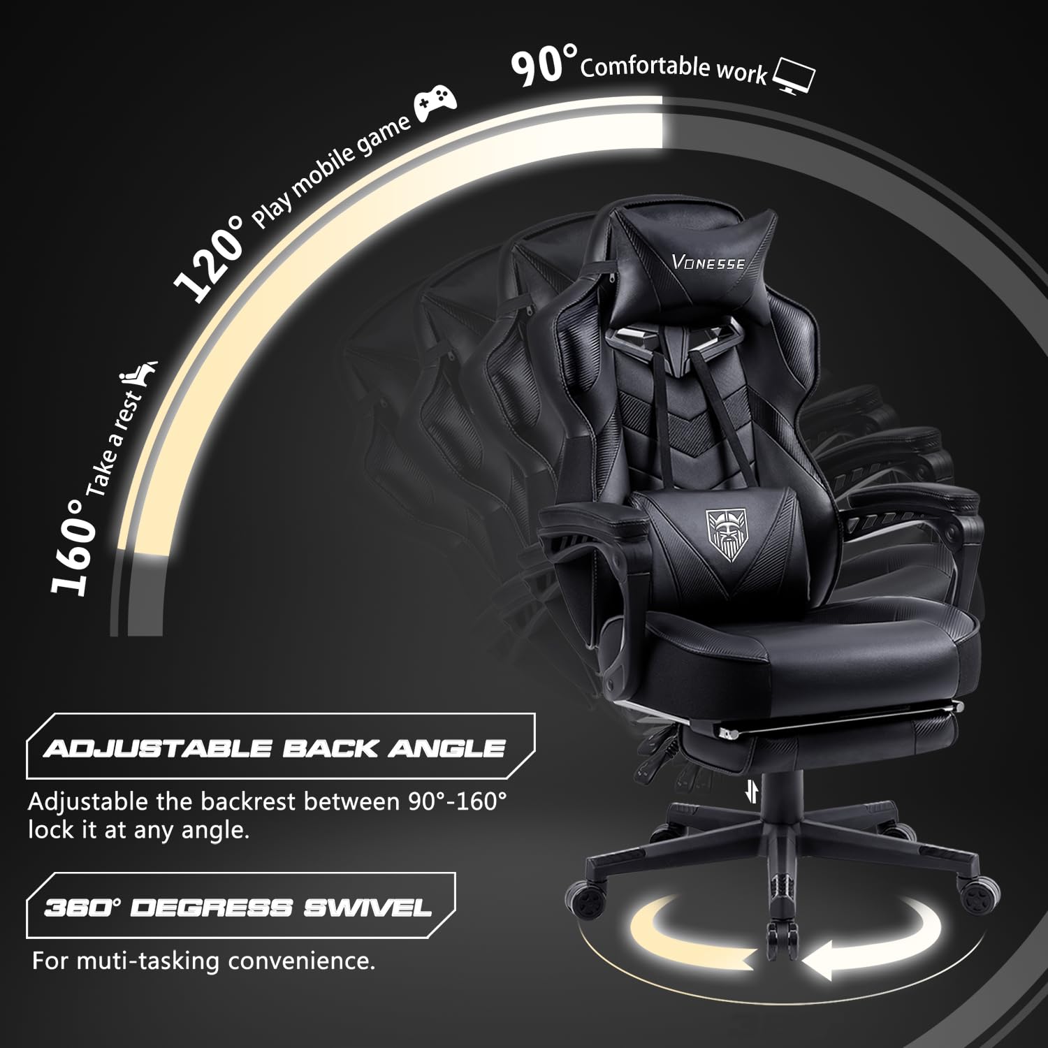 Vonesse Ergonomic Gaming Chair with Adjustable Footrest - High Back Big & Tall Computer Chair for Adults, Reclining Office Desk Chair with Lumbar Massage (Black) - Perfect for PC Gaming, Work from Home & Office Comfort