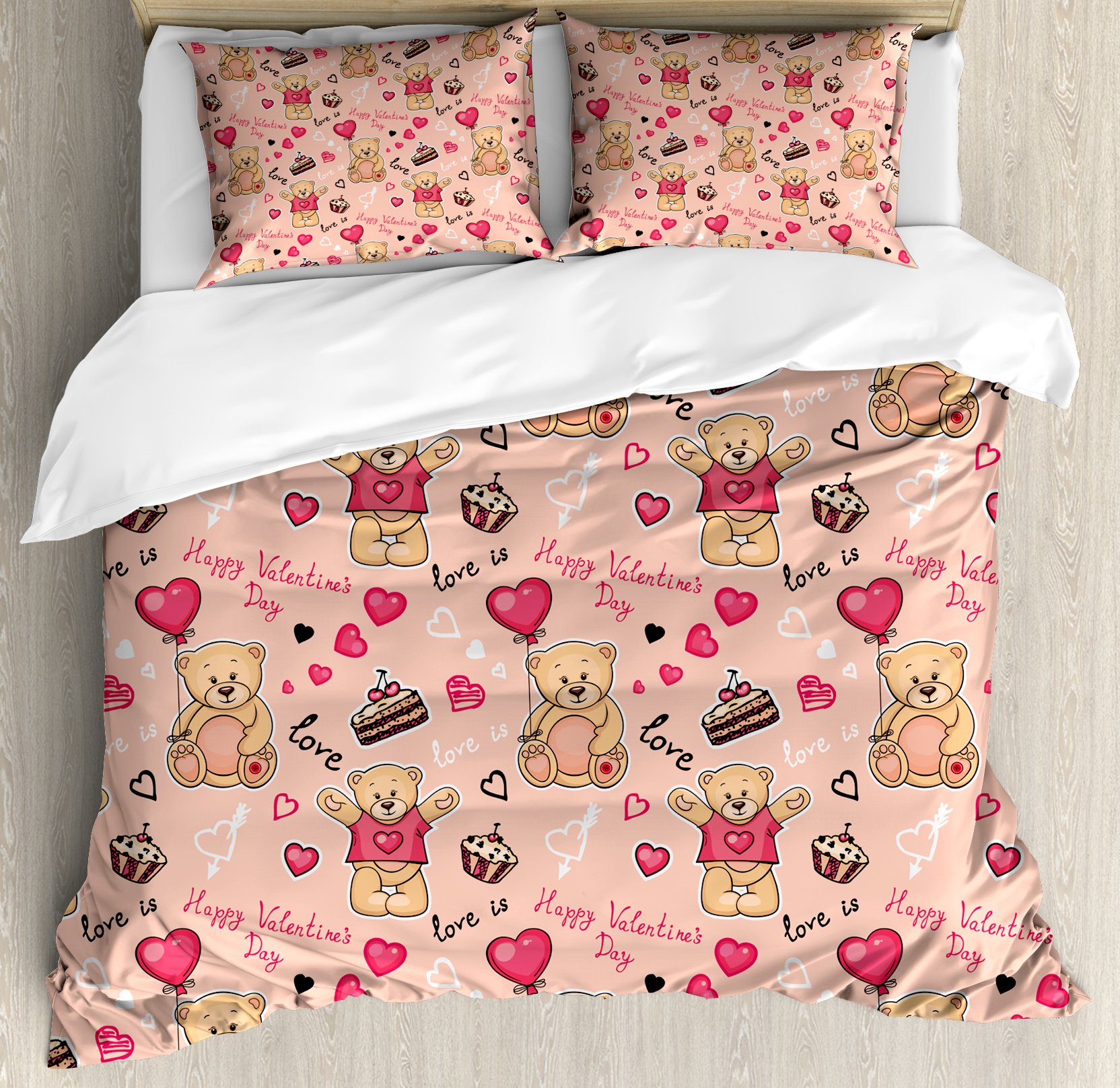 Ambesonne Valentine's Day Duvet Cover Set - 3 Piece Queen Size Bedding with 2 Pillow Shams | Teddy Bear & Cake Design in Coral Brown Peach | Romantic Couples Gift for Anniversary, Wedding & Bedroom Decor