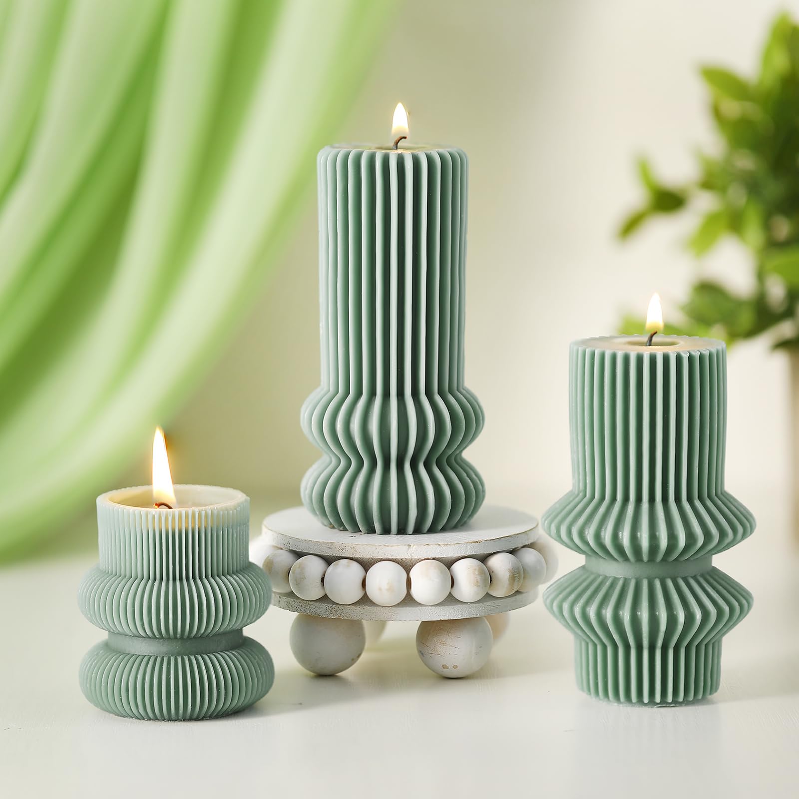 MTLEE 3-Pack Scented Soy Wax Pillar Candles - Ribbed Geometric Design, 4.7/4.2/3.2 Inch Height, Sage Scent - Modern Home Decor for Living Room, Bathroom, Wedding & Relaxation Aromatherapy