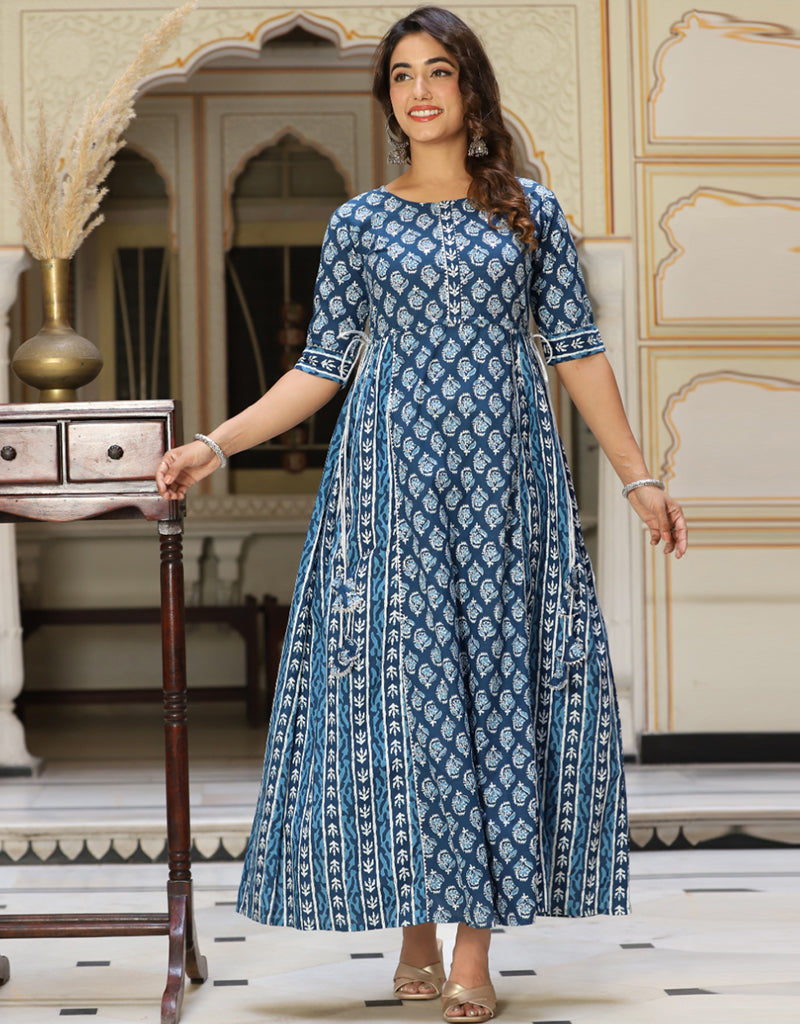 Elegant Blue Cotton Designer Gown with Embroidery & Mirror Work Details - Ready to Wear Formal Dress for Parties, Weddings & Special Occasions