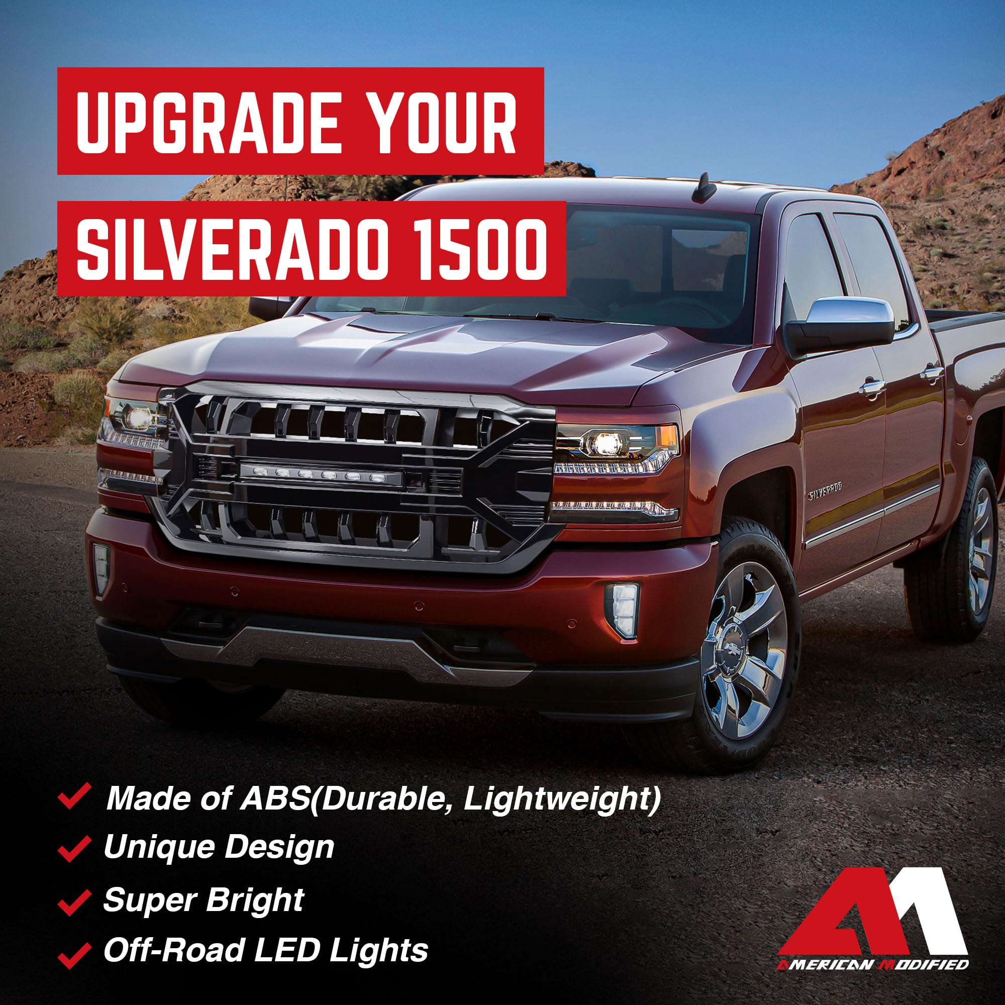 2016-2019 Chevrolet Silverado 1500 Off-Road Grille with LED Lights | Gloss Black Heavy Duty Front Bumper Guard | Perfect for Truck Modifications & Night Driving