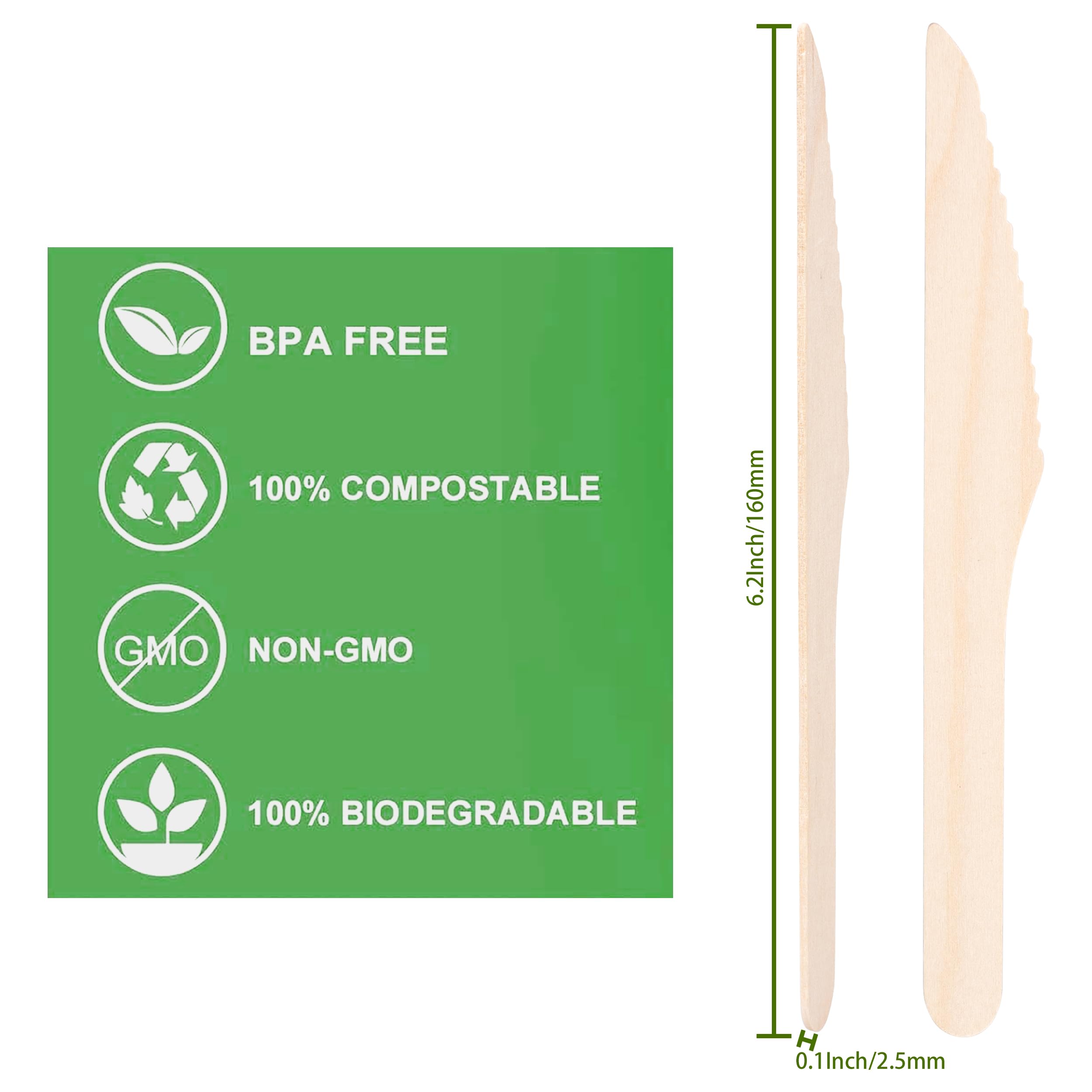 **Biodegradable Wooden Knives - 100 Pack Disposable Wood Cutlery, Eco-Friendly & Compostable, 6.3 Inch Length - Perfect for Picnics, Parties & Sustainable Dining**
