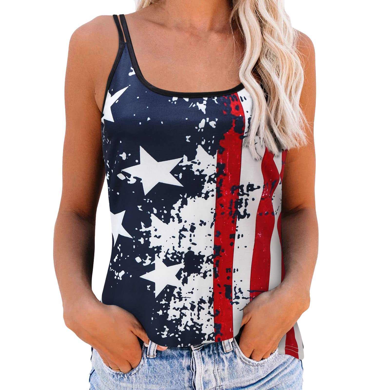 Women's Sleeveless Tank Tops - U Neck Loose Summer Tops with Flag Print | Perfect for 4th of July, Beach Outings & Casual Summer Wear