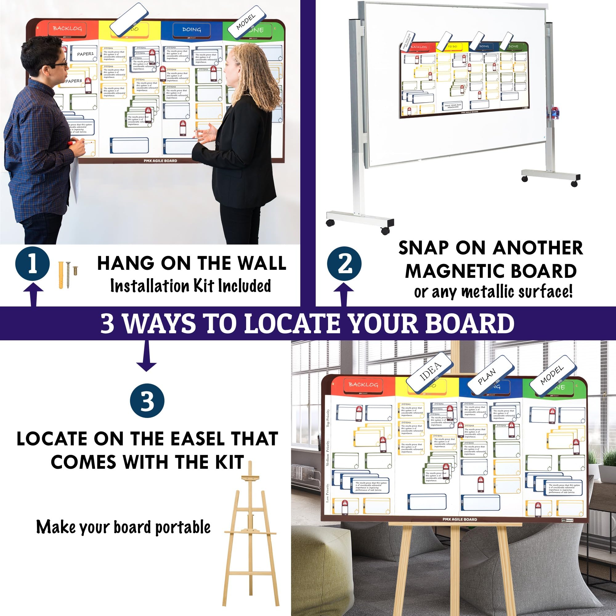 PMXBoard Magnetic Kanban Board - Agile Scrum Lean Project Management Tool for Office, Home & School | Customizable Headlines with Easel Stand | Perfect for Team Collaboration, Remote Work & Classroom Organization
