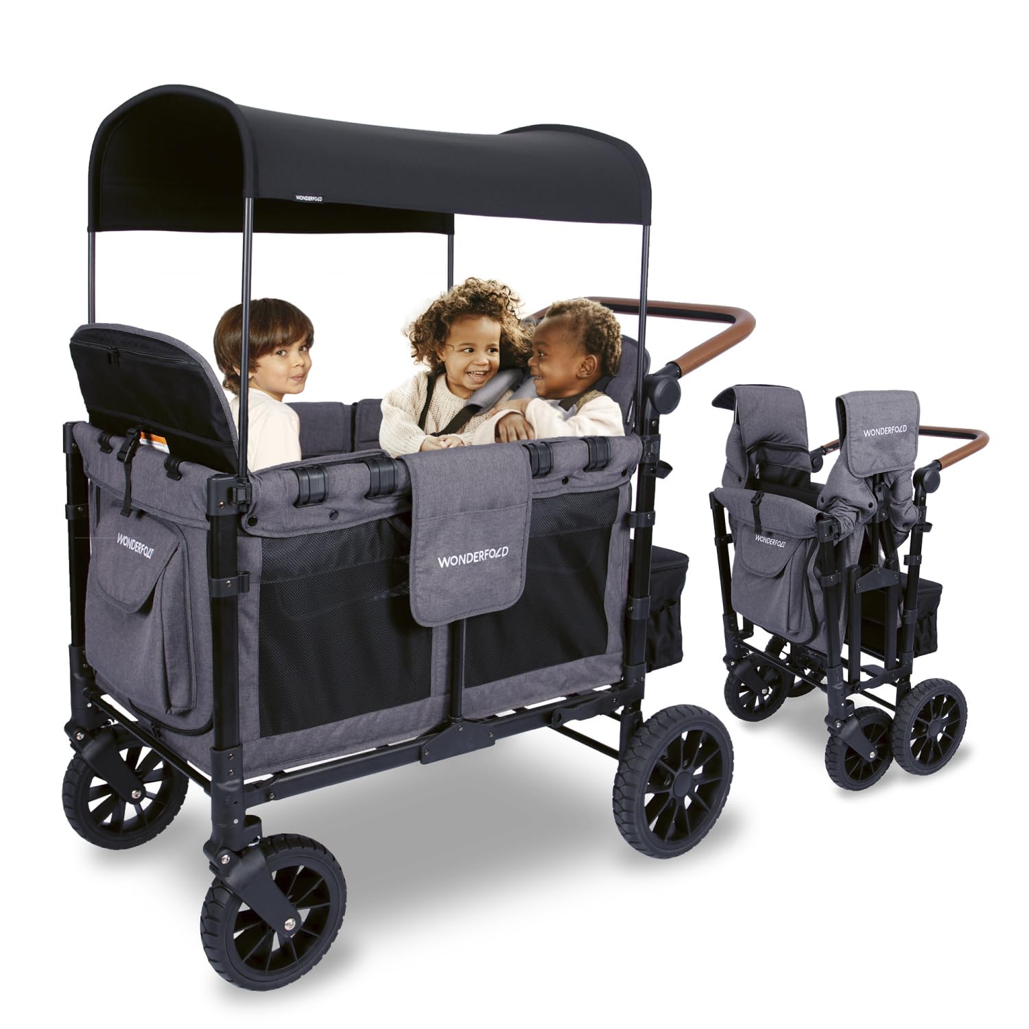 WONDERFOLD W4 Luxe Stroller Wagon - 4 Seater Collapsible Wagon Stroller with Magnetic Buckle 5-Point Harness | Charcoal Gray-Black Frame | Perfect for Family Outings, Beach Trips & Park Adventures