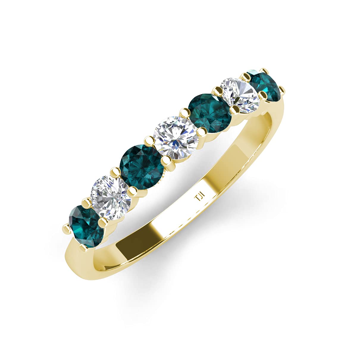 London Blue Topaz & Diamond 7-Stone Women's Wedding Band Ring - 1 ctw, 14K Gold Stackable Ring for Bridal, Anniversary & Everyday Elegance