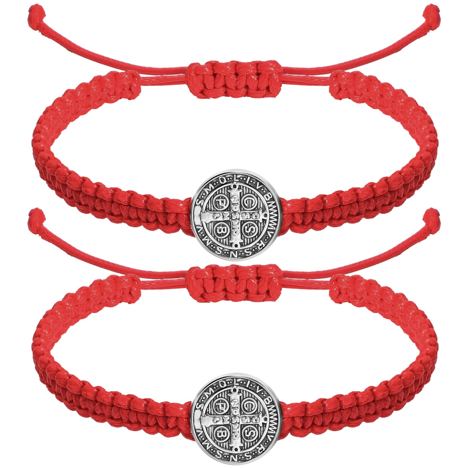 Fumete 2 Pack Catholic Saint Benedict Medal Adjustable String Bracelets - Religious Gifts for Men & Women, Birthday & Holiday Presents - Perfect for Daily Wear, Church Services & Spiritual Protection