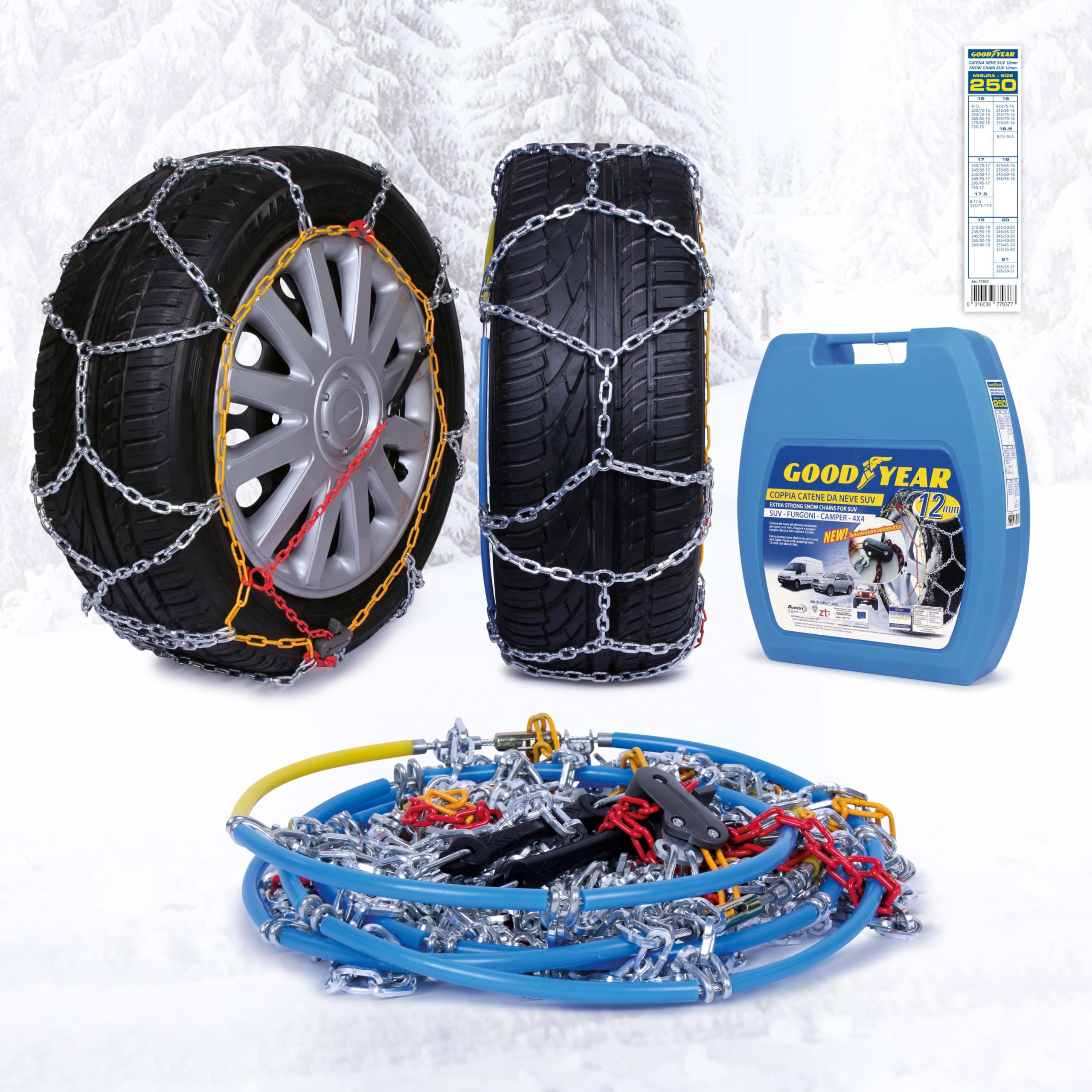 Goodyear 77937 12mm Snow Chains for Passenger Cars, SUVs, Vans, Motorhomes & 4x4 - TUV & ONORM Approved (Size 250) - Winter Traction for Snowy Roads & Mountain Driving