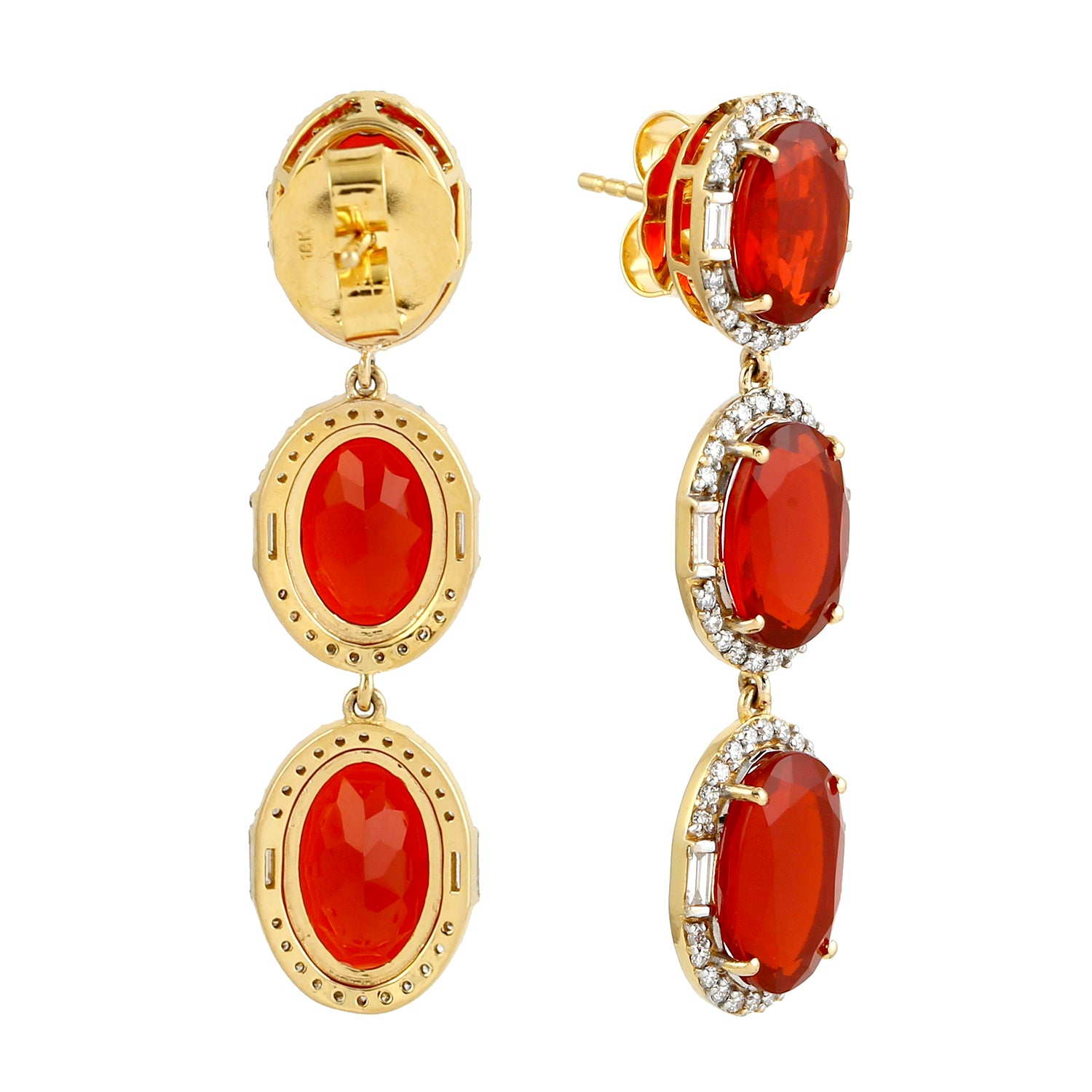Baguette Diamond Oval Cut Fire Opal Dangle Earrings in 14K Gold - Elegant Wedding Gift for Bride, Anniversary & Special Occasions