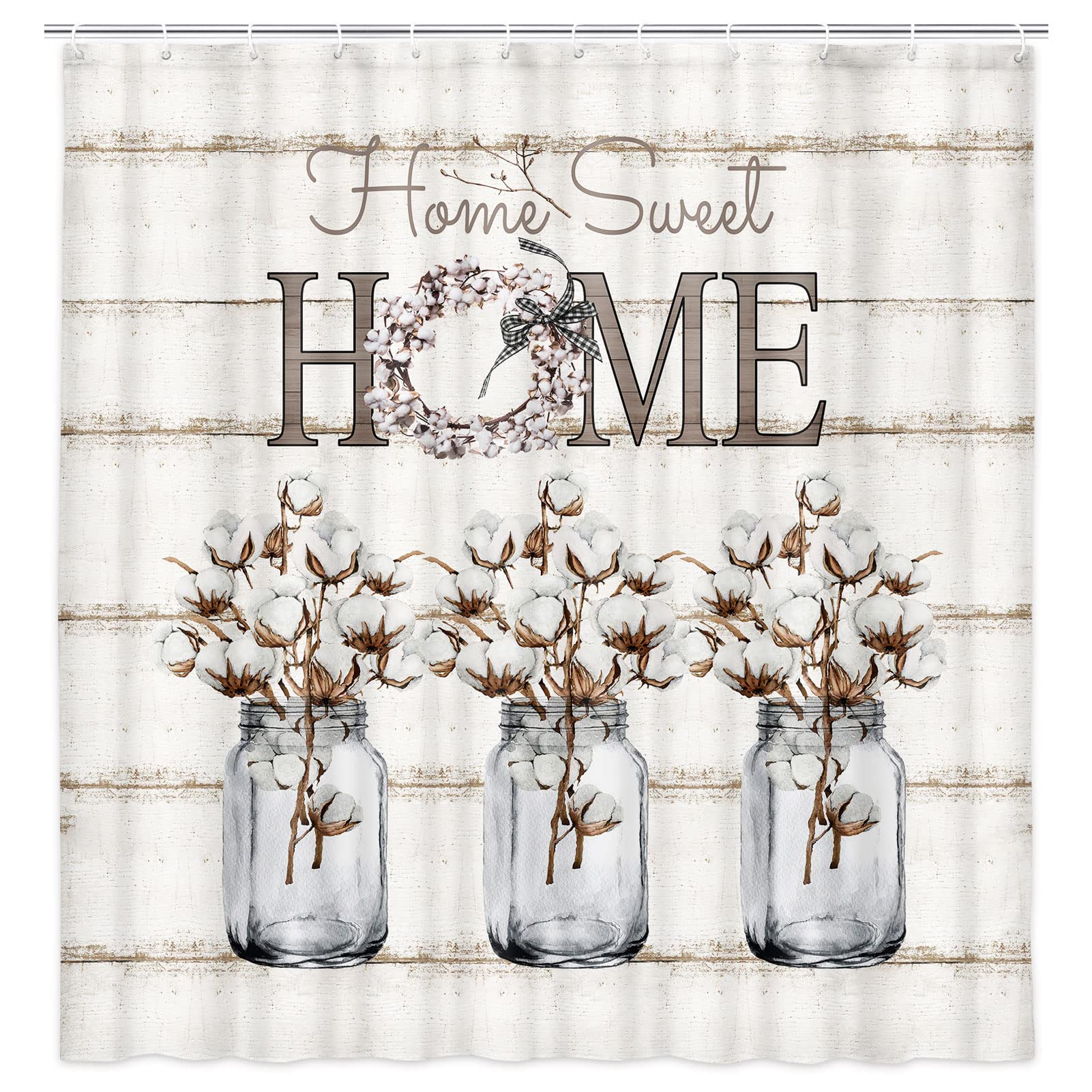 Farmhouse Floral Shower Curtain - Cotton Flower Print on Rustic Wood Plank Design, Gray & White Fabric Bathroom Curtain with Hooks (54x70) - Perfect for Country, Modern & Barnwood Style Bathroom Decor