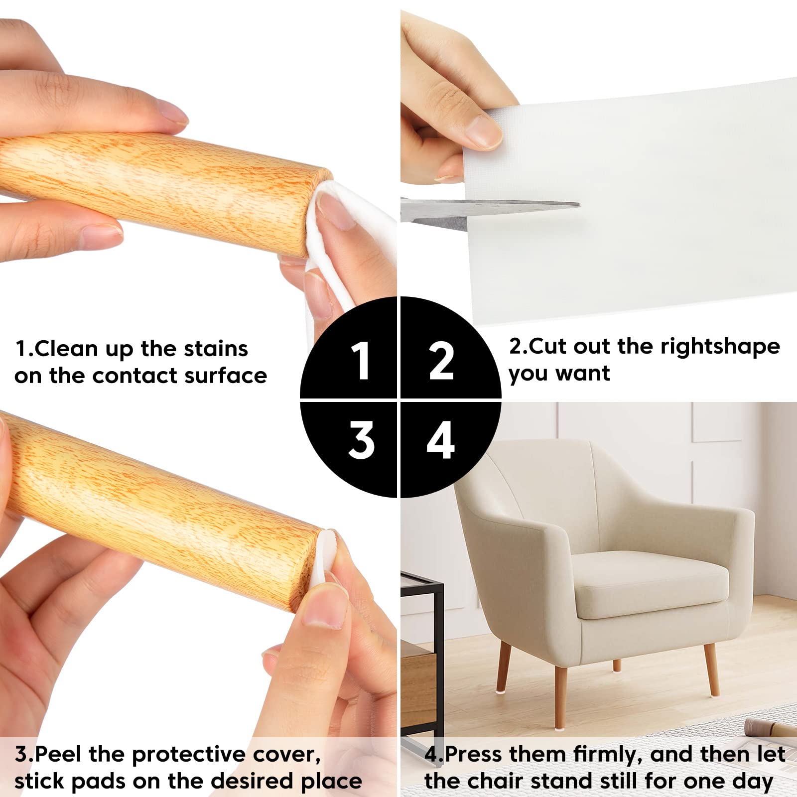 Non-Slip Furniture Pads 4x40 Inch - Self-Adhesive Rubber Grippers for Chair Legs & Furniture - Scratch Protection for Hardwood Floors (Black) - Perfect for Home, Office & Moving Protection