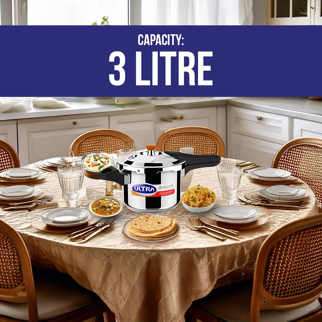 Ultra Duracook 3L Stainless Steel Pressure Cooker | AISI 304 Food Grade | 10-Year Warranty | 3-Layer Impact Base | Bakelite Handles | 2-Hour Food Warming | Perfect for Home Cooking, Meal Prep & Camping