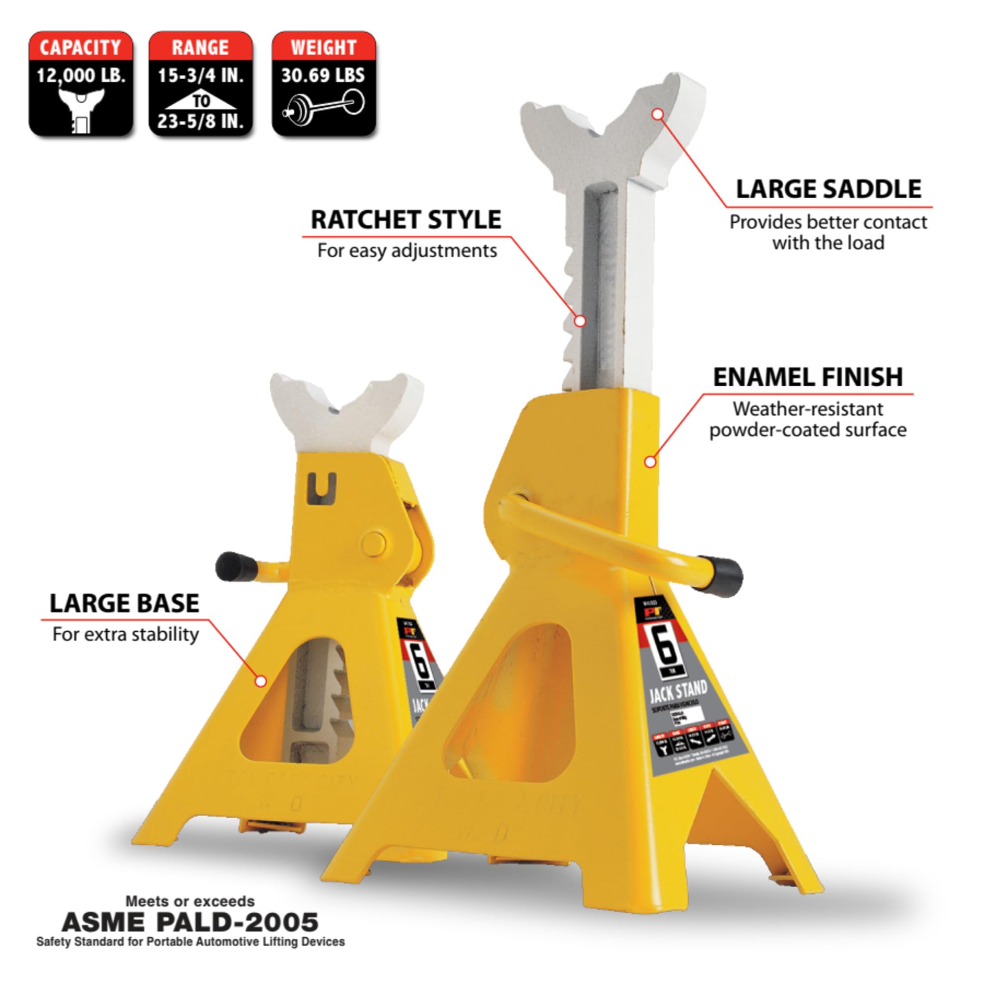 6-Ton Yellow Ratchet Jack Stand Set - Heavy Duty Vehicle Lift Support for Car Maintenance, Repair & Tire Changes - Performance Tool W41023