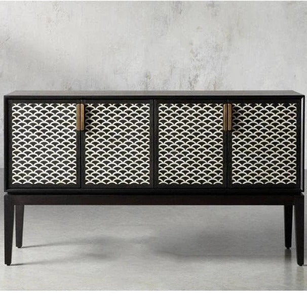 Handmade Black Fish Scale Bone Inlay Bar Cabinet - Vintage Storage Unit for Liquor, Glassware & Home Decor - Perfect for Living Room, Dining Room & Bar Area
