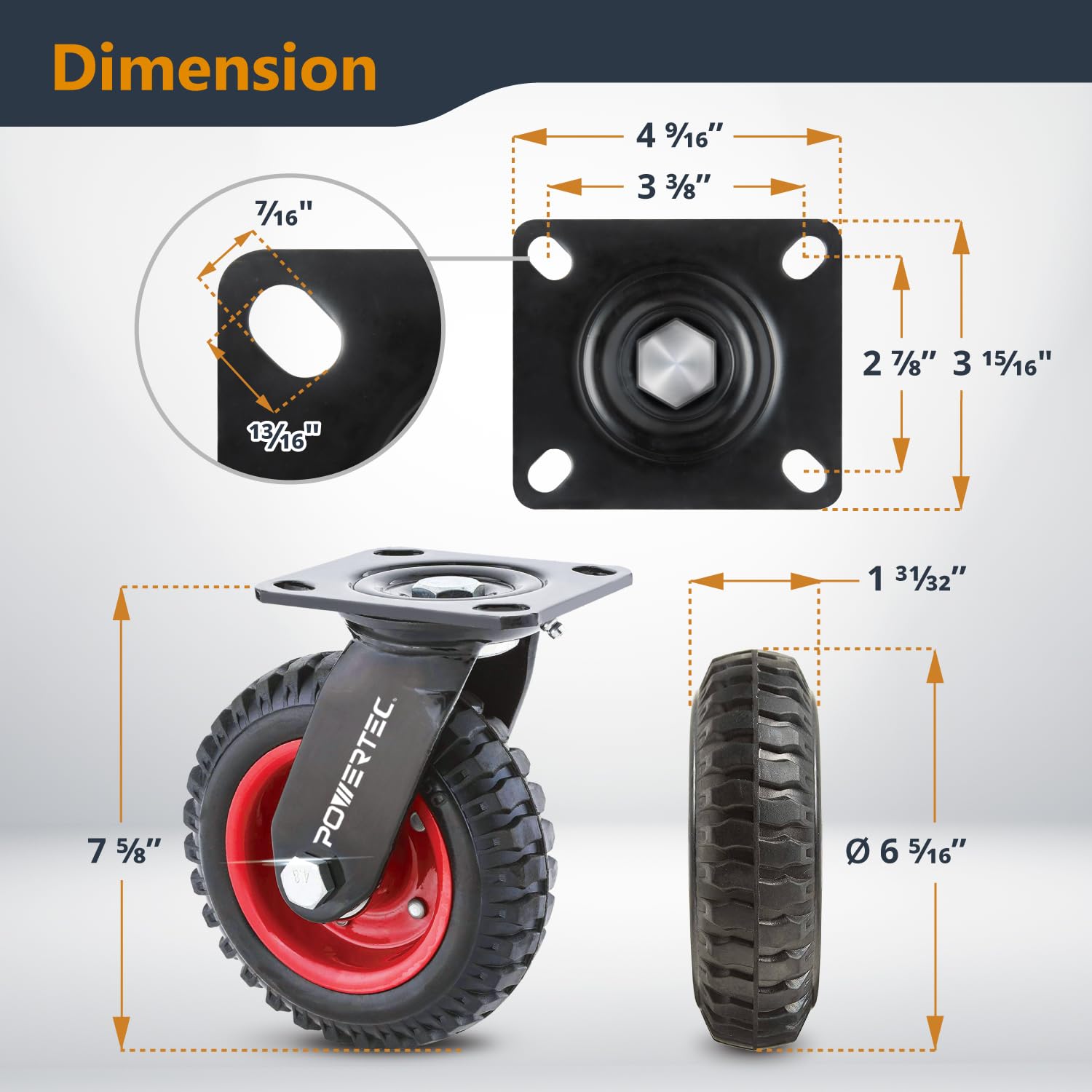 POWERTEC 6 Inch Heavy Duty Swivel Caster Wheels Set of 4 - Large Rubber Knobby Tread Casters for Workbench, Dolly, Cart, Trolley, Wagon & Chicken Coop - Ideal for Workshop, Garage, Warehouse & Industrial Use (17050-P4)