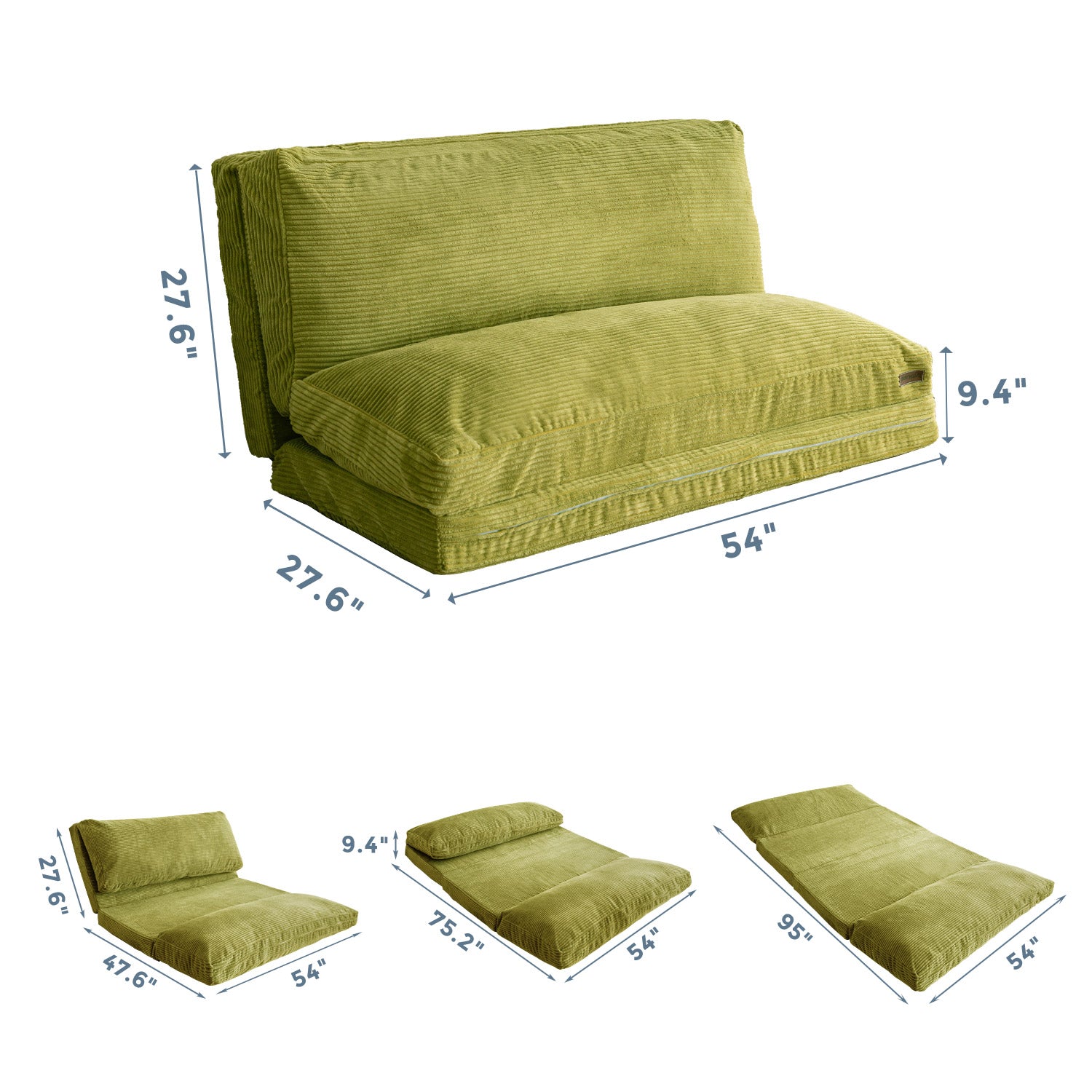 MAXYOYO Corduroy Bean Bag Sofa Bed - Washable Green Floor Couch for Living Room, Bedroom & Game Room - Comfortable Lounge Chair for Relaxing, Reading & Napping