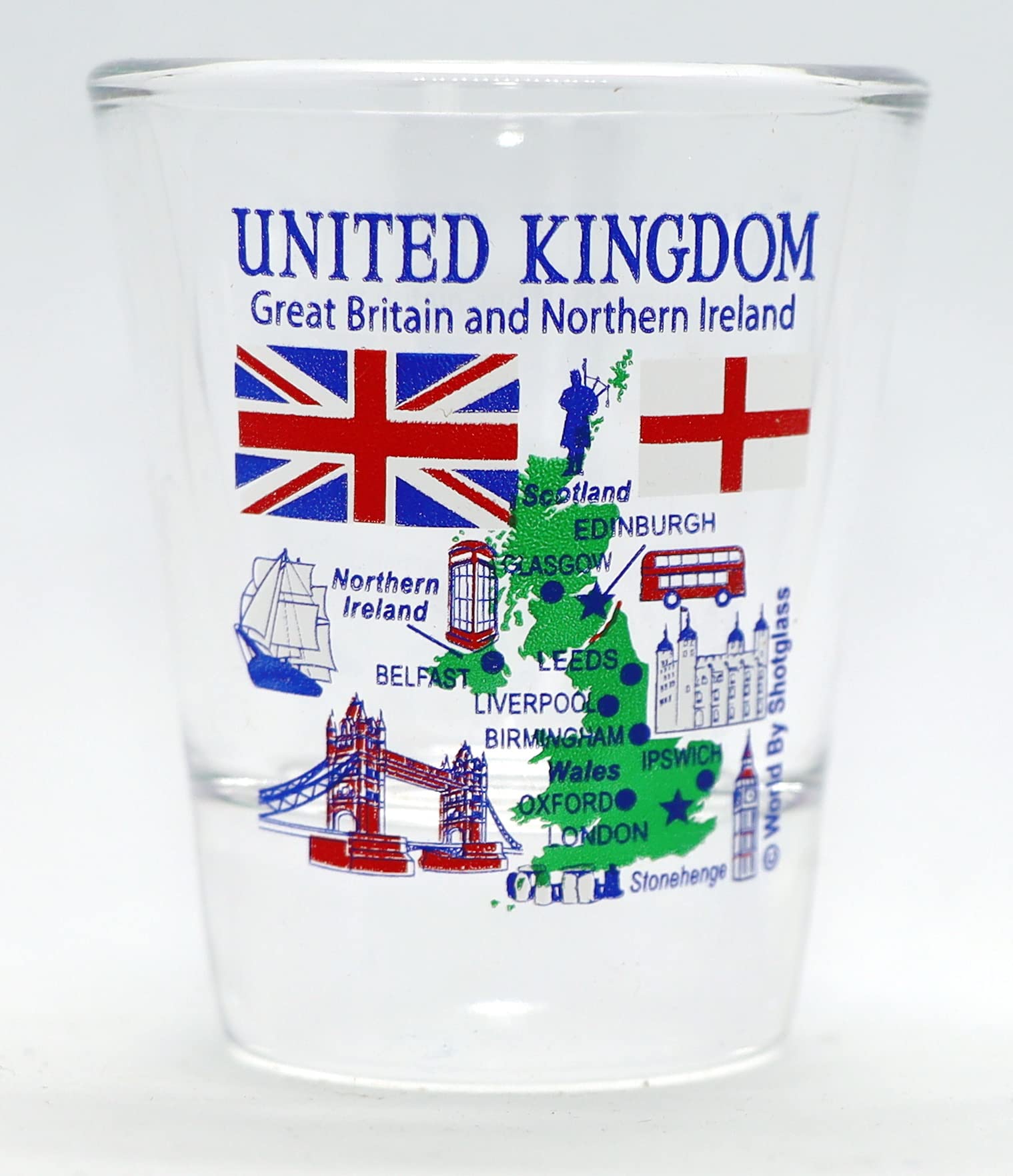 England UK Landmarks & Icons Collage Shot Glass - British Souvenir Gift for Whiskey, Tequila & Vodka Drinking