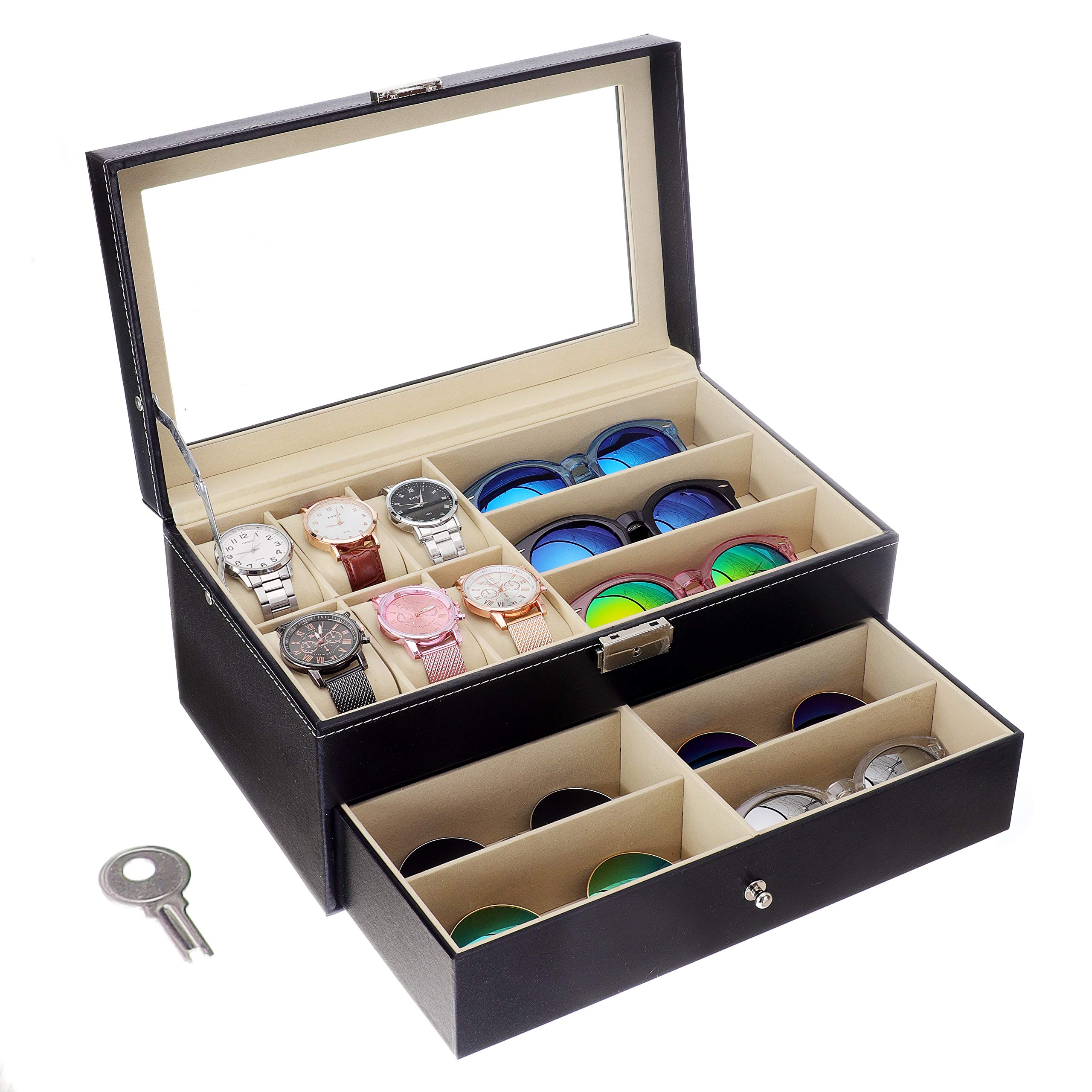 Flytianmy Leather Watch Box with Lock - Sunglass & Jewelry Organizer Case, 6-Drawer Display Storage for Men Women | Perfect for Travel, Home Dresser & Gift Giving