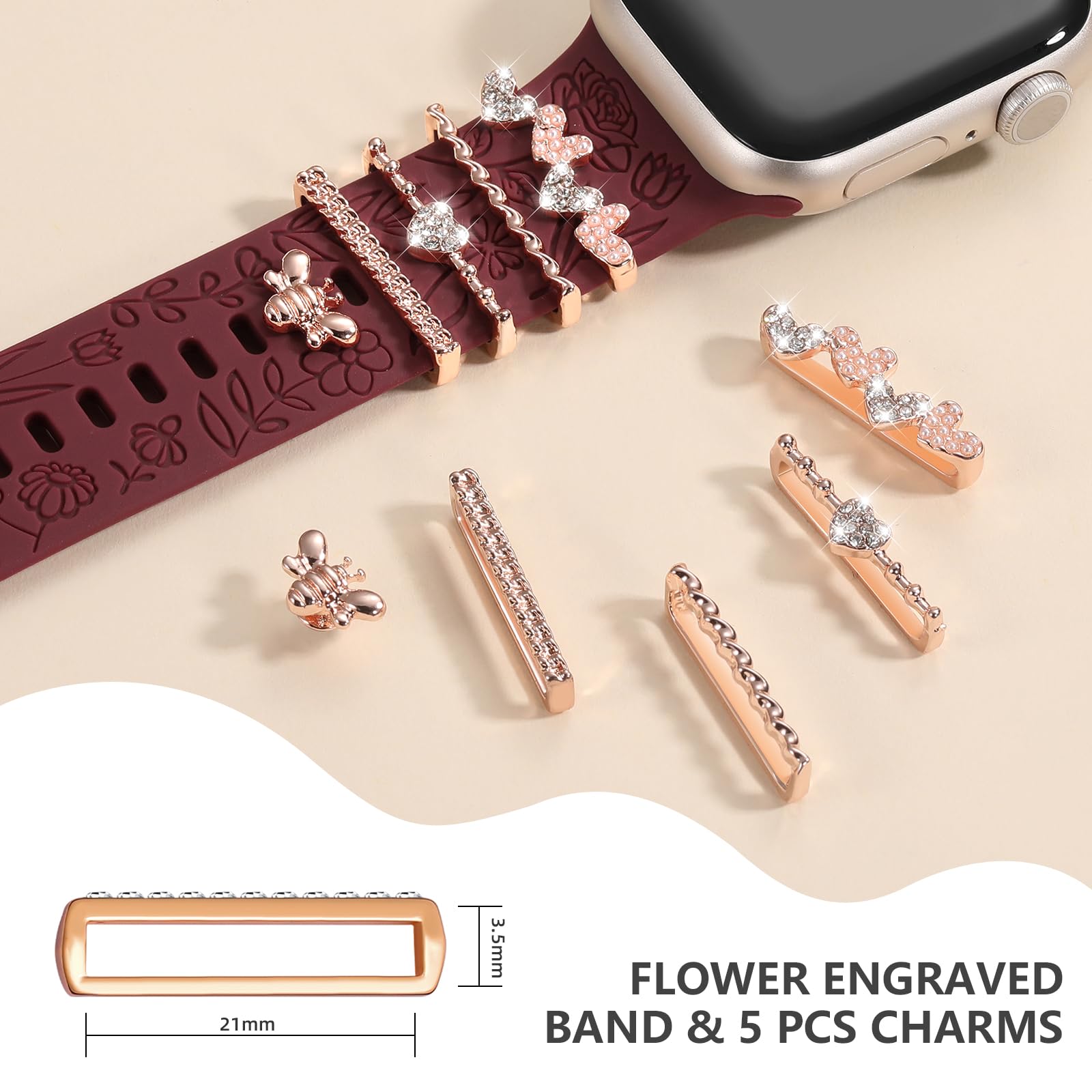 DaQin Floral Engraved Apple Watch Band - Soft Silicone Strap with Charms for Women - Compatible with iWatch Series 9/8/7/6/5/4/3/2/1/SE (38mm 40mm 41mm 42mm 44mm 45mm) - Perfect for Workouts, Office Wear & Everyday Fashion Accessory