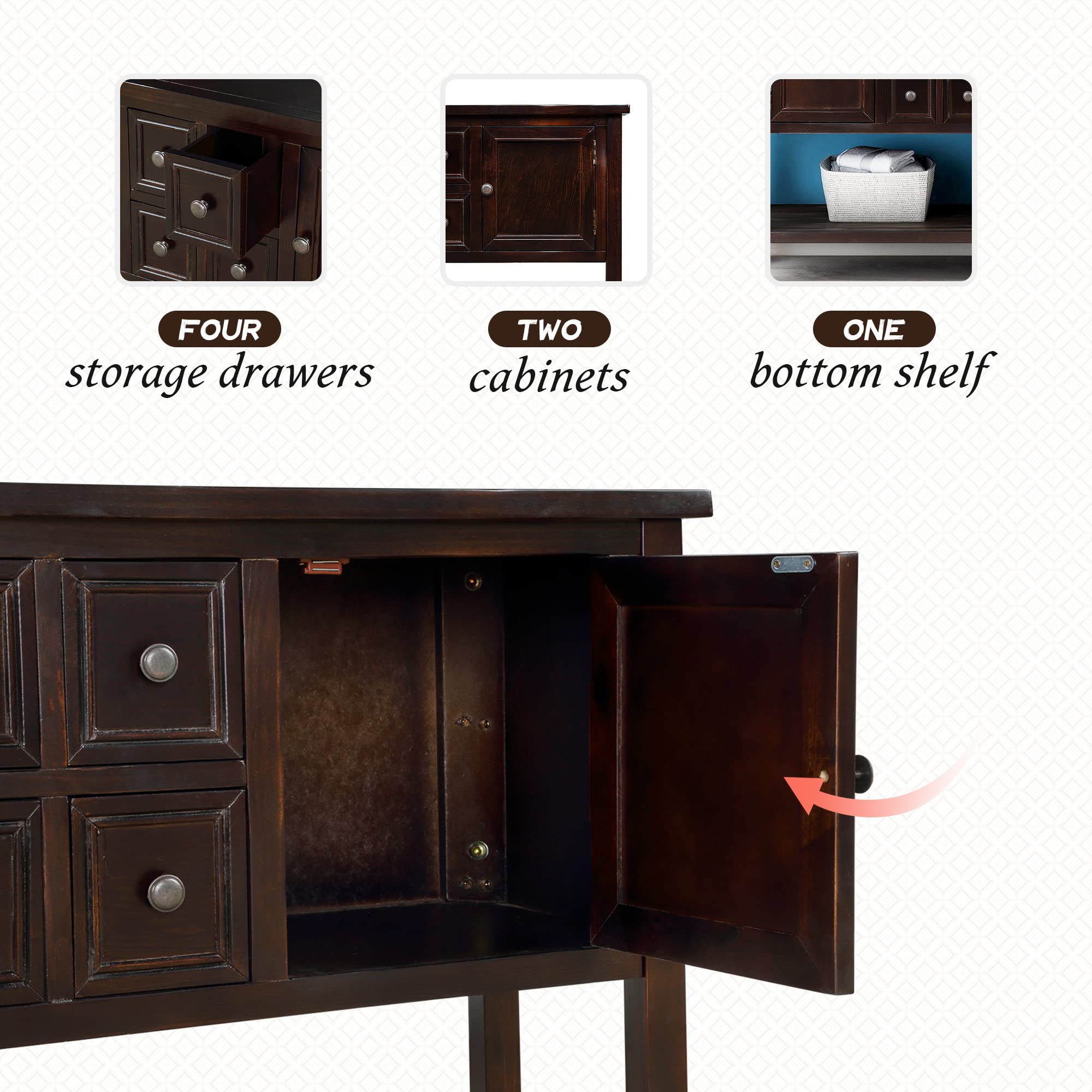 Retro Style Wood Console Table with Bottom Shelf & Storage Drawers - 46 Inch Espresso Buffet Sideboard for Living Room, Kitchen, Entryway - Perfect for Home Decor, Storage & Organizing Small Spaces