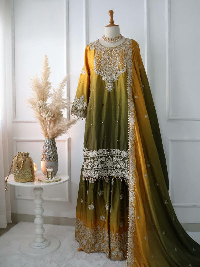 Yellow & Green Ombre Sequins Embroidery Sharara Suit Set for Women | Indian Pakistani Wedding Party Outfit | Festive Ethnic Wear for Bridal Mehendi Sangeet Ceremony