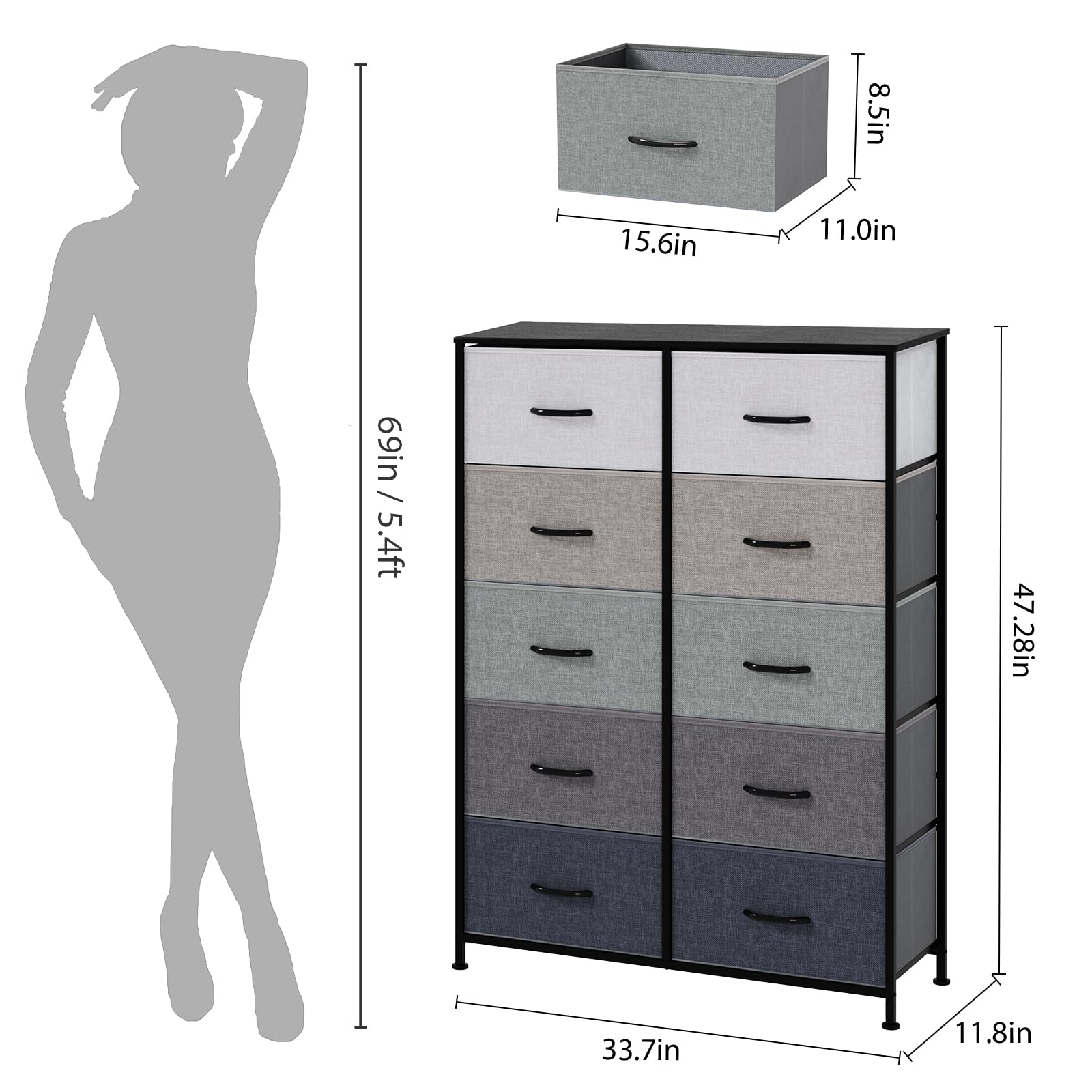 10-Drawer Tall Dresser for Bedroom & Closet - Sturdy Wood Frame Fabric Storage Tower with Wood Handles, Grey - Perfect for Organizing Clothes in Living Room, Hallway & Small Spaces