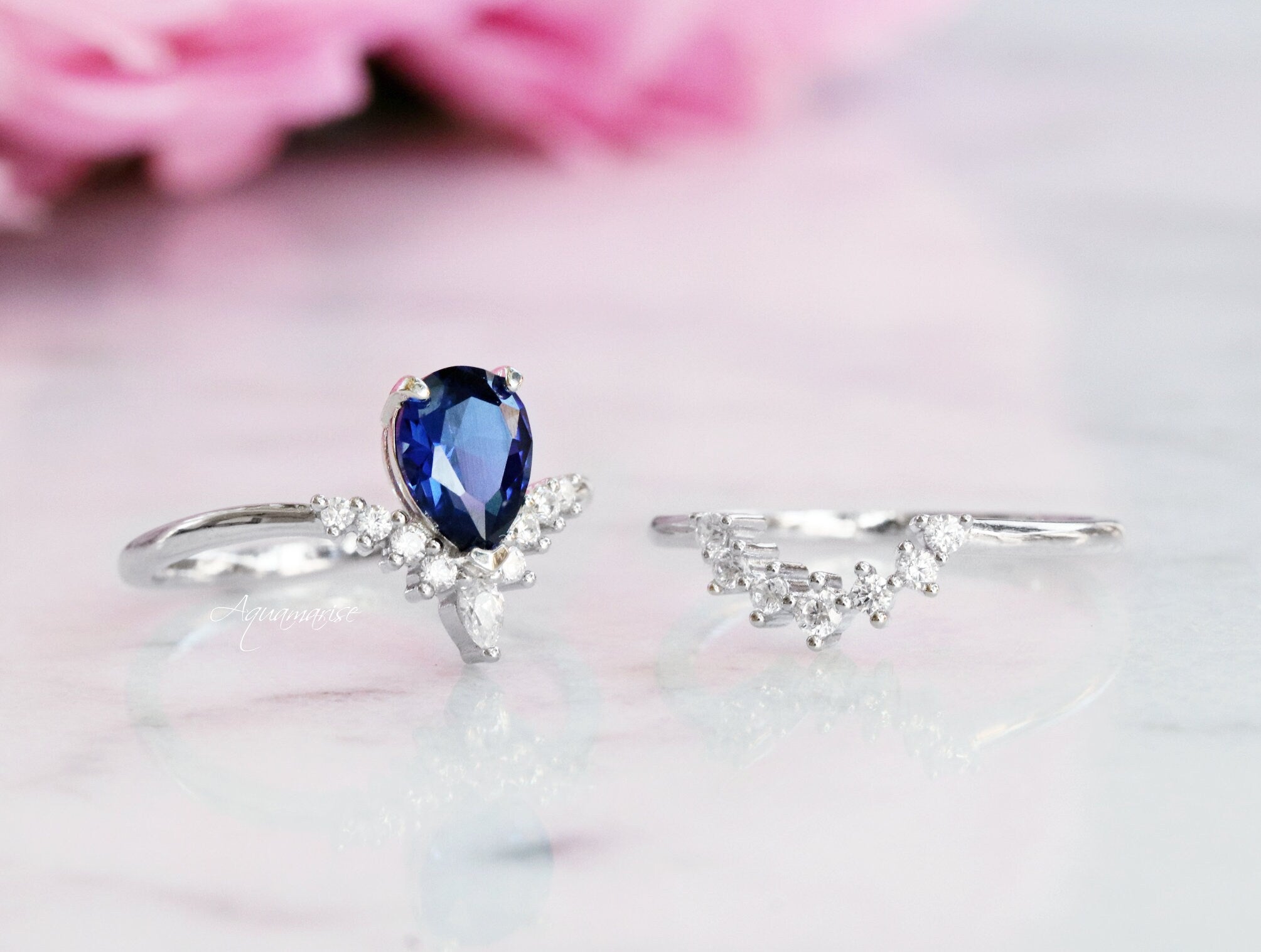 Lunette Blue Sapphire Ring Set Sterling Silver - Elegant Jewelry for Women, Perfect for Weddings, Anniversaries & Special Occasions