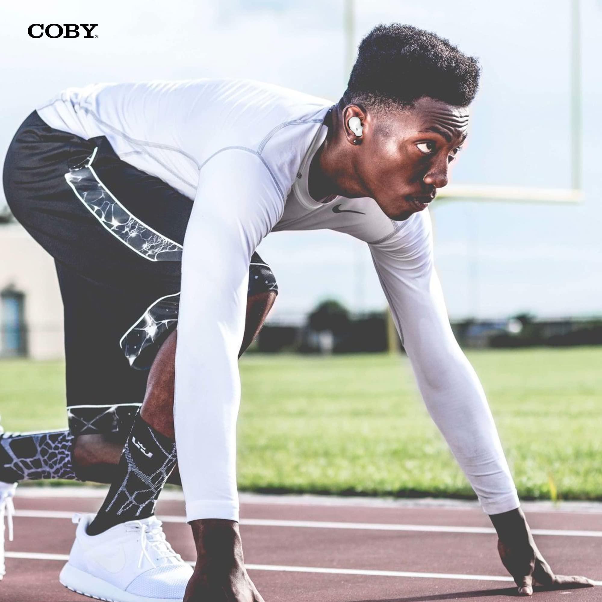 Coby Ultra Slim True Wireless Earbuds with Built-in Mic - Bluetooth 5.0 Headphones, IPX5 Sweatproof & Water Resistant, Alexa & Google Assistant Compatible - Perfect for Gym, Running, Workouts & Commuting (White)