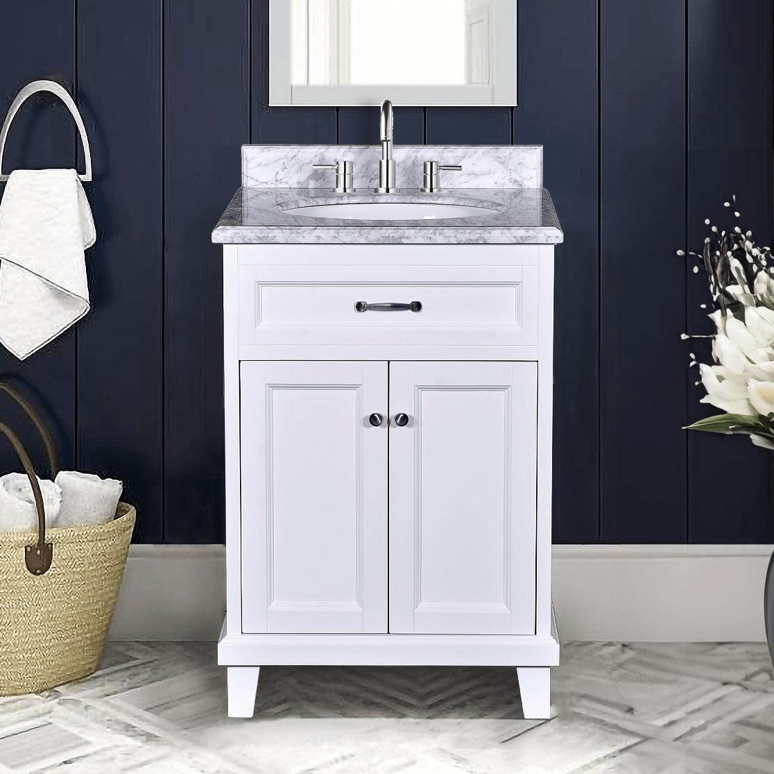 White Bathroom Vanity with Solid Wood Frame & Carrara Marble Top - 3 Size Options for Modern Bathroom Decor | Perfect for Master Bath, Guest Bath & Small Space Remodeling