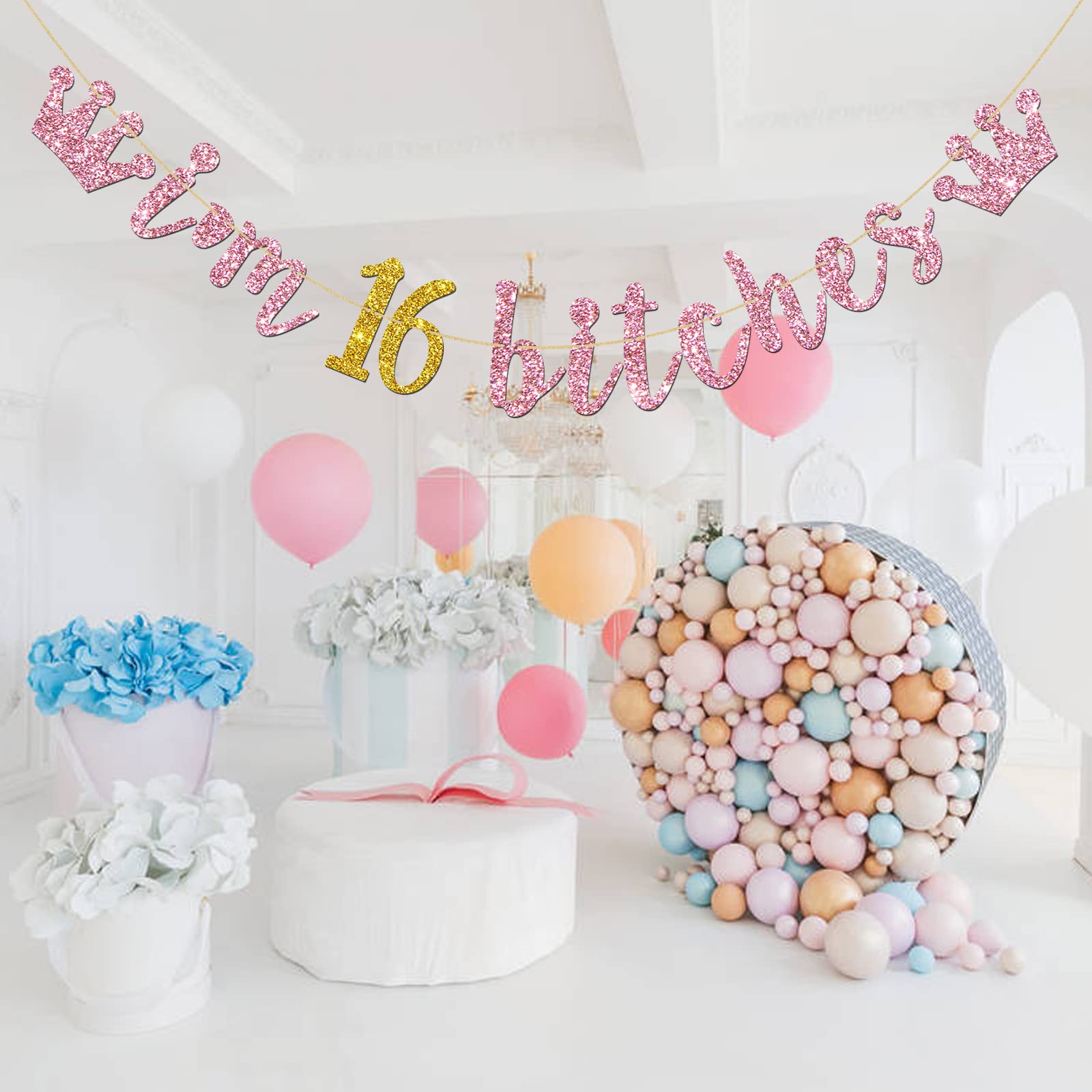 Pink Gold 'I'm 16 Bitches' Banner - Sweet 16 Birthday Party Decorations for Girls, 16th Wedding Anniversary Glitter Banner - Perfect for Teen Birthday Parties, Milestone Celebrations & Anniversary Decor