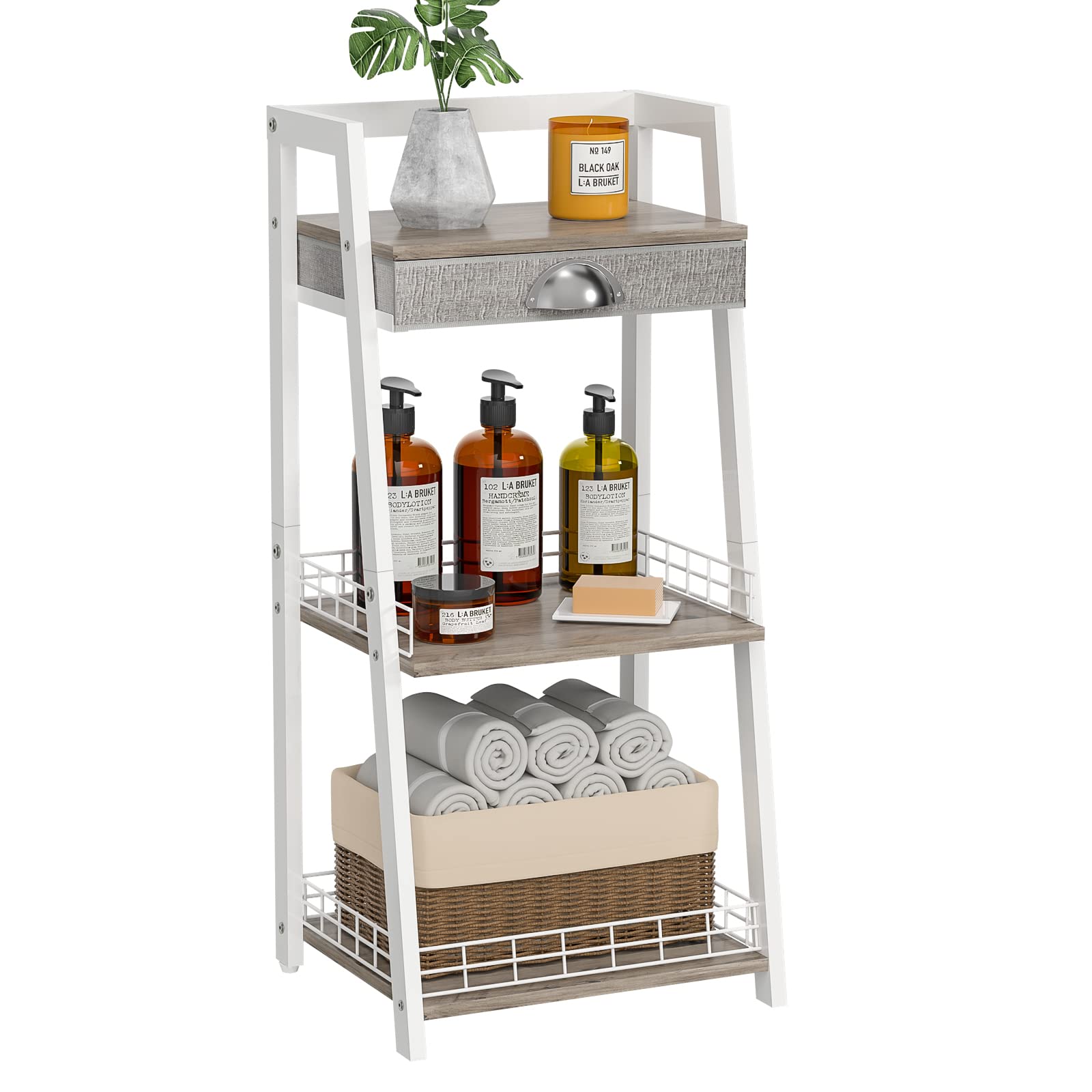 Keomaisyto 3-Tier Bathroom Ladder Shelf with Drawer - Freestanding Storage Shelf for Bathroom, Living Room, Balcony - Space-Saving Organizer for Towels, Plants & Decor (White) - Perfect for Small Spaces & Home Organization