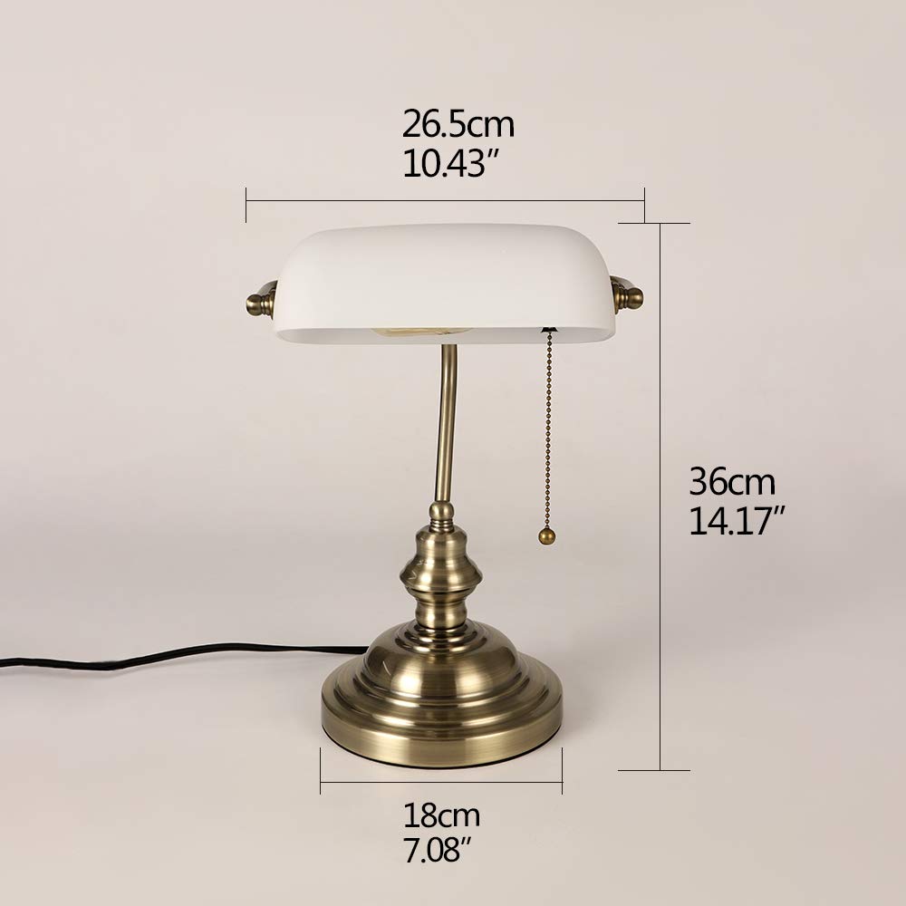 Newrays White Matted Glass Bankers Desk Lamp with Pull Chain Switch - Plug-in Fixture for Home Office, Study & Reading (Modern Task Lighting)