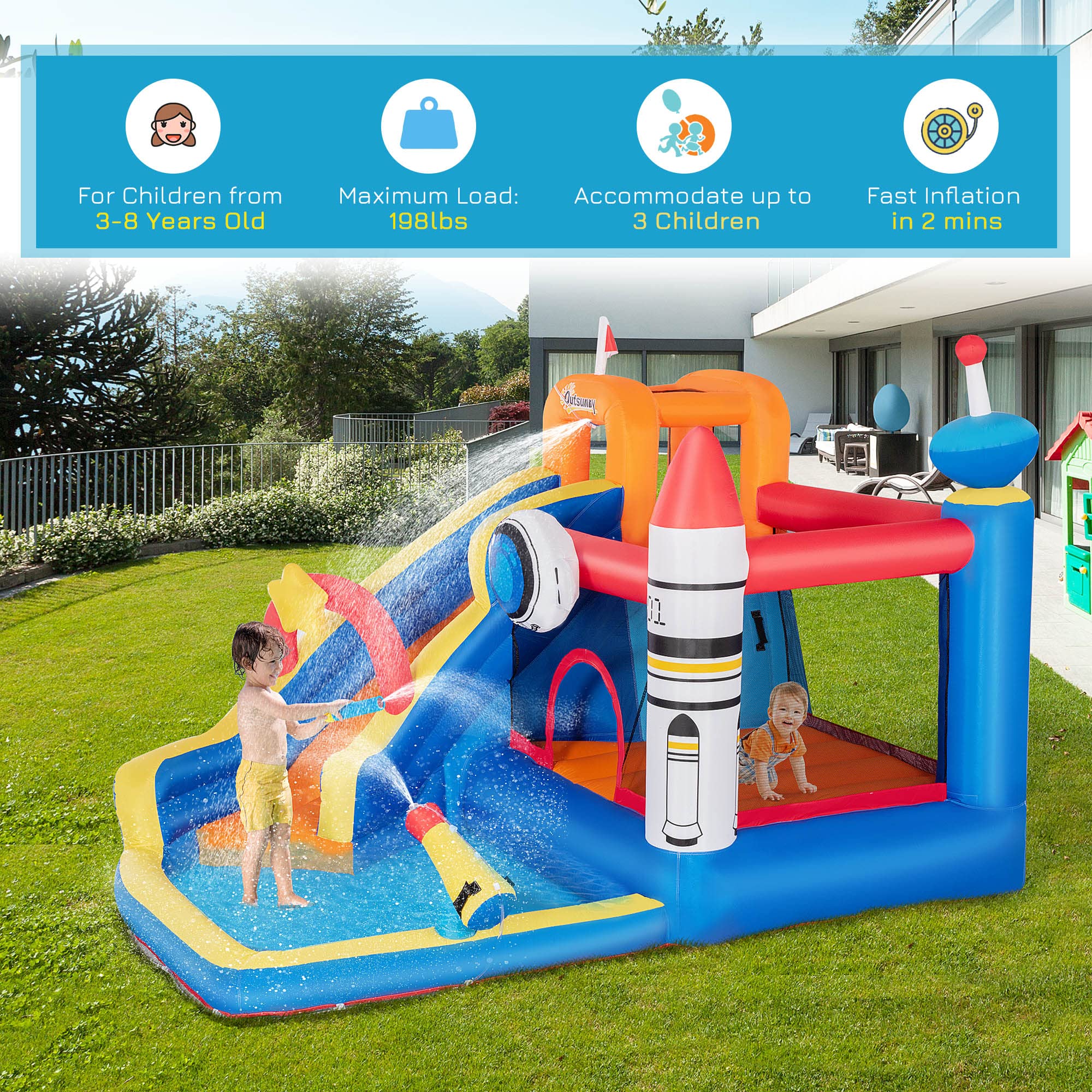 Outsunny 5-in-1 Inflatable Bounce House with Water Slide, Pool, Water Cannon & Climbing Wall - Kids Outdoor Water Play Toy for Backyard, Birthday Parties & Summer Fun - Includes Air Pump (Jumping Castle)