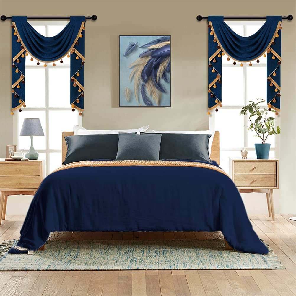 ELKCA Navy Blue Velvet Waterfall Valance - Single Hollow Swag Curtain Panel with Rod Pocket for Living Room & Kitchen - Elegant Window Treatment for Home Decor