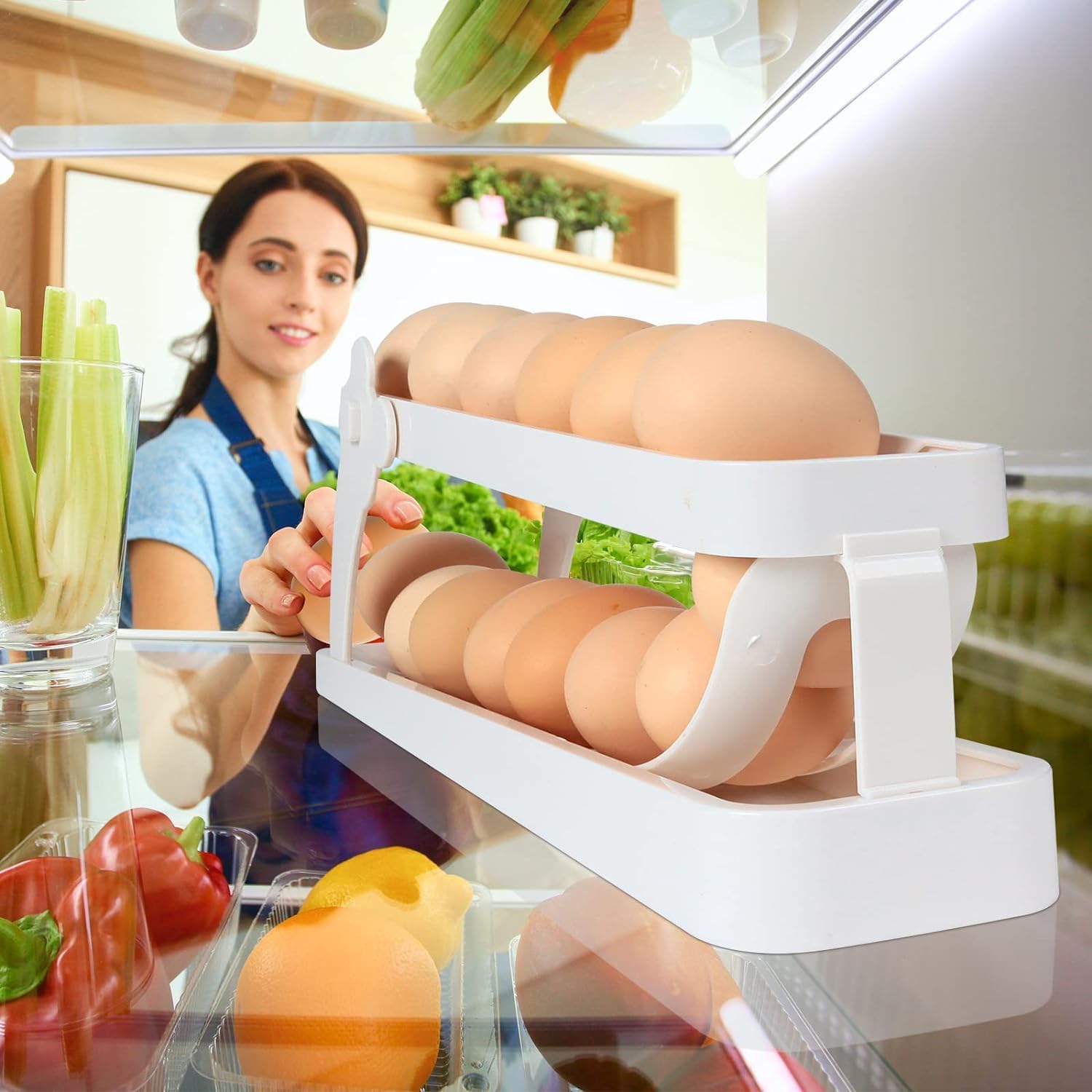 SHOPOLIFE Refrigerator Egg Holder - Automatic Rolling Egg Dispenser, Space-Saving Egg Storage Container Organizer for Kitchen Cabinet (1 Pack) - Perfect for Fresh Egg Storage & Easy Access in Refrigerator