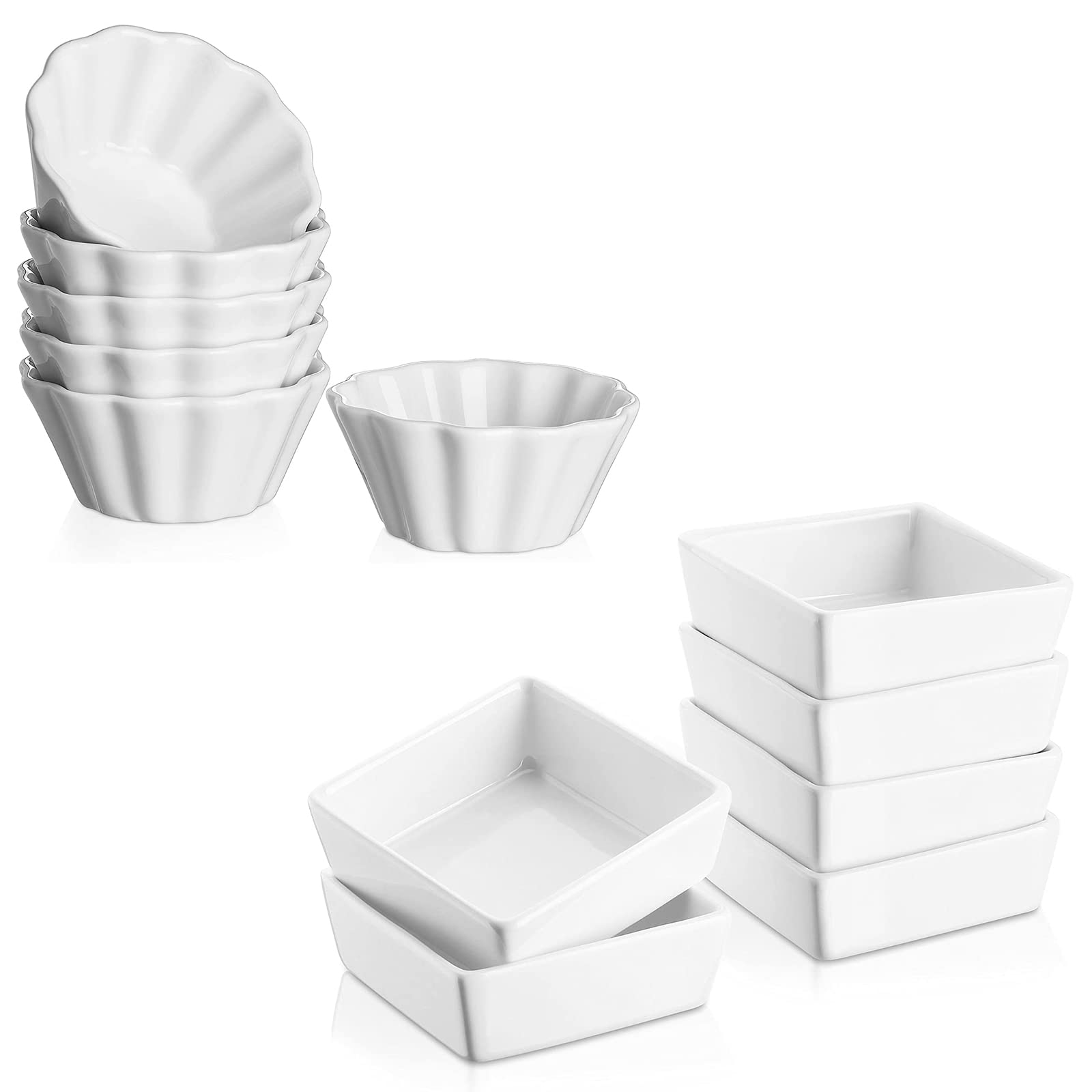DOWAN 6 oz Square Porcelain Ramekins - Oven Safe Baking Dishes for Creme Brulee, Souffle, Desserts, Appetizers & Dipping Sauces | Set of 6 White Ramekin Bowls | Perfect for Home Baking, Restaurant Use & Party Serving