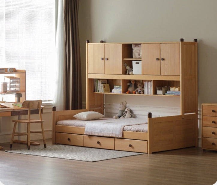 Solid Oak Wood Multi-Function Storage Bed - Queen Size Platform Bed with Underbed Drawers for Small Space Bedroom, Guest Room & Studio Apartments