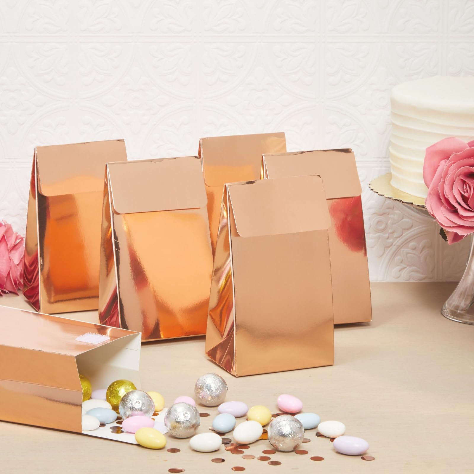 BLUE PANDA 24-Pack Rose Gold Party Favor Gift Bags with Adhesive Stickers - Elegant Goodie Boxes for Birthday Parties, Baby Showers & Wedding Favors