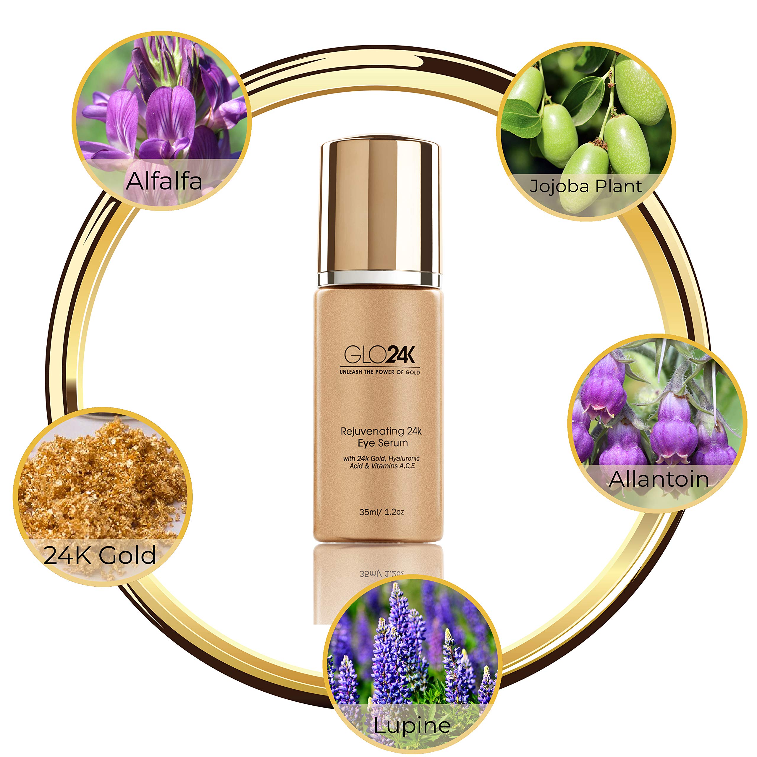 GLO24K Gold Eye Serum - Anti-Aging Treatment with 24K Gold, Vitamins & Hyaluronic Acid - Reduce Dark Circles & Wrinkles for Brighter, Younger-Looking Eyes (Day & Night Use)