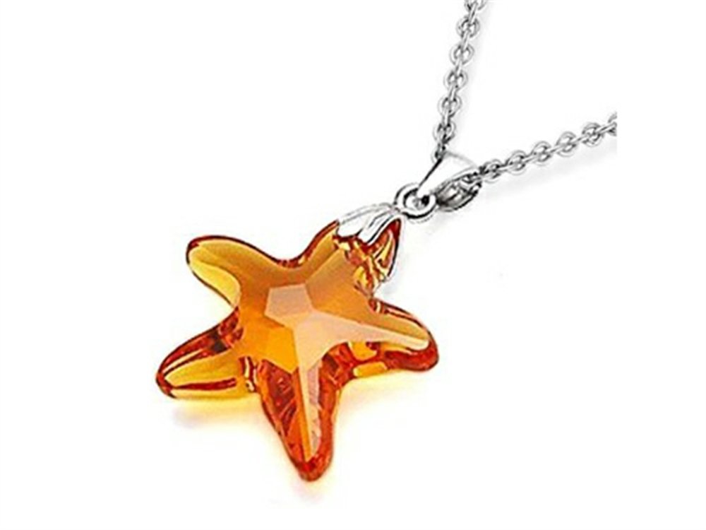 Fine Jewelers Sterling Silver Orange Crystal Starfish Pendant Necklace with Swarovski Elements - Elegant Beach Jewelry for Summer Vacations & Coastal Weddings