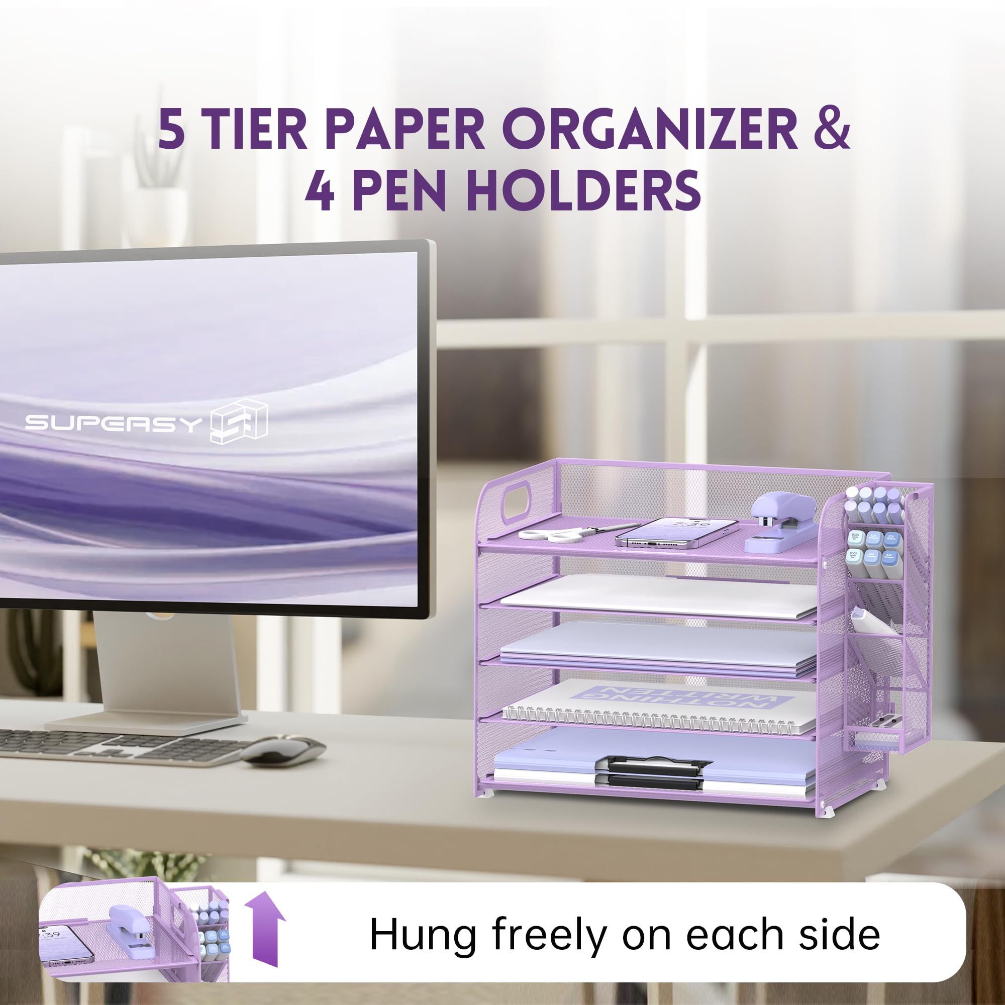 SUPEASY 5-Tier Mesh Desk Organizer with Handle & Removable Pen Holders - Office File Tray for Paper, Documents & Supplies - Perfect for Home Office, School & Workspace (Purple)
