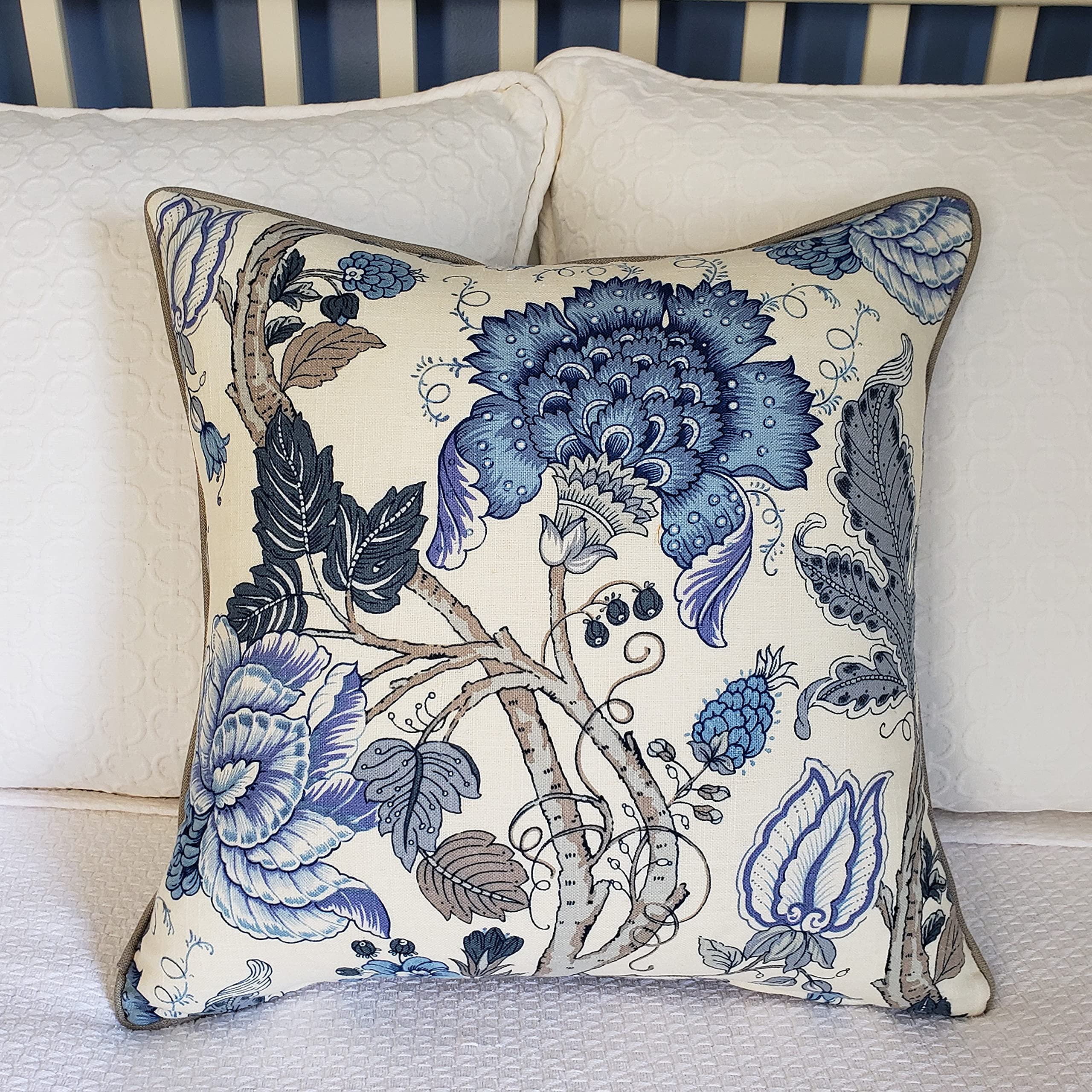 Vintage Chinoiserie Blue and White Floral Pillow Cover 18x18 Inches - Coastal & Hamptons Style Home Decor Throw Pillow Case for Living Room, Bedroom, or Porch