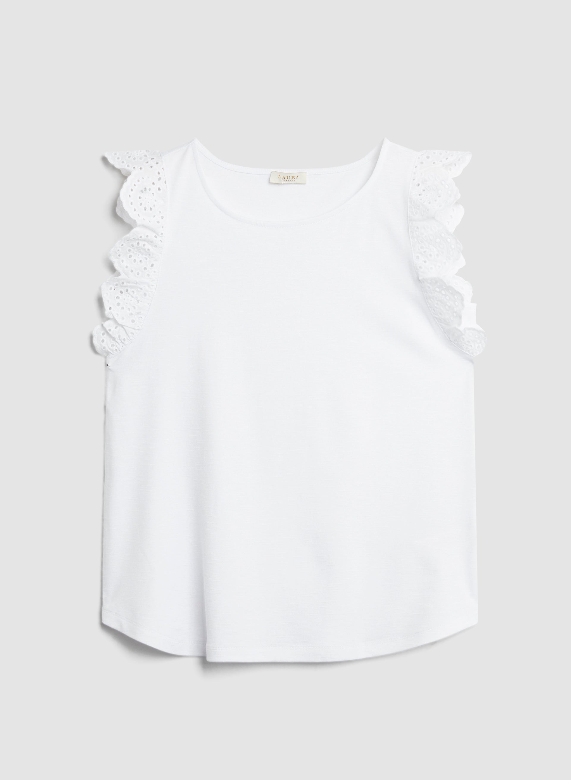 Eyelet Cap Sleeve Tee for Women - Breathable Summer Tops with Lace Detailing - Casual & Chic Shirt for Outings, Dates, and Beach Wear