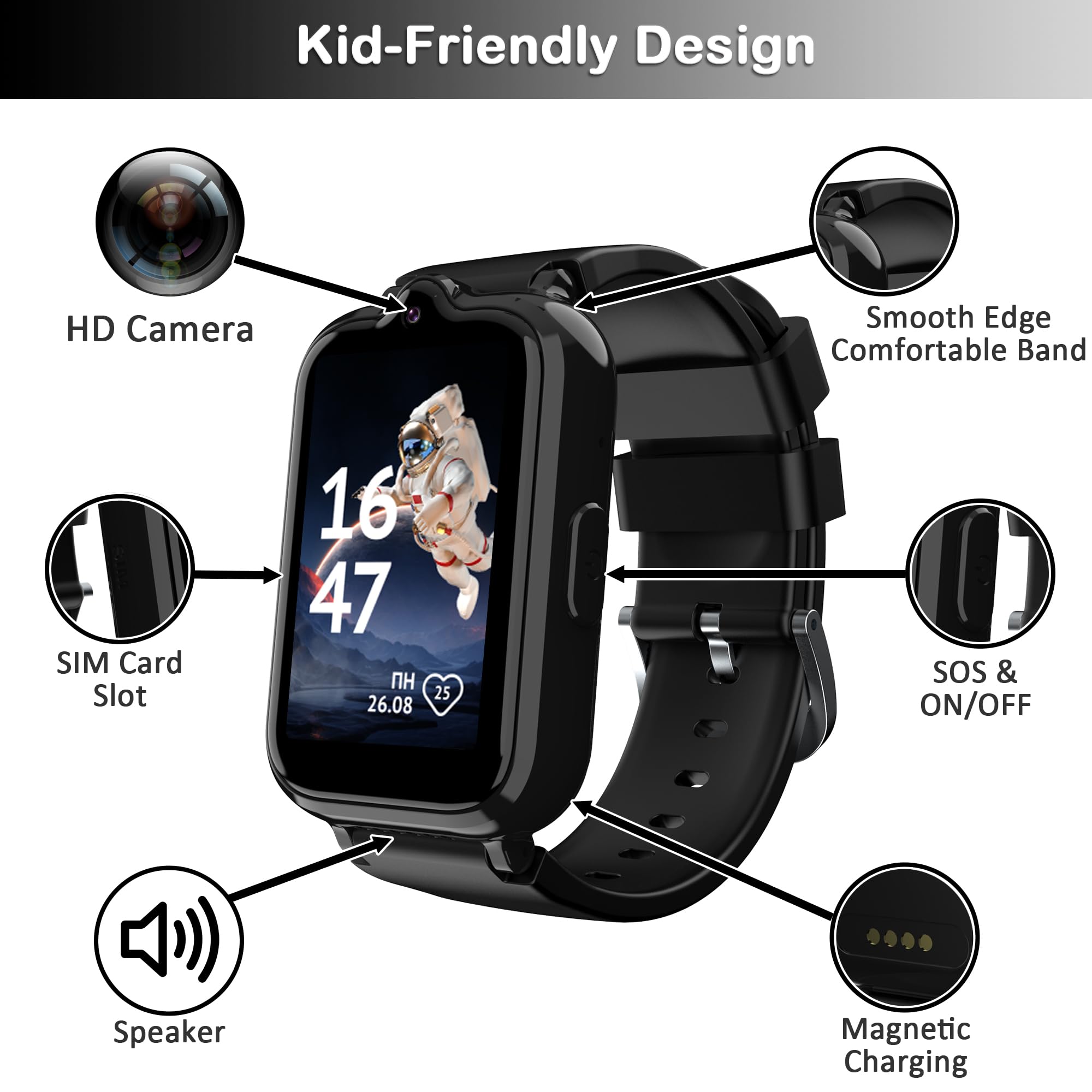 Phyulls 4G Kids Smart Watch with GPS Tracker, Video Calling & SOS Alert - Waterproof Smartwatch for Boys & Girls Ages 5-12 - Camera, Pedometer, Alarm Clock - Perfect for School, Outdoor Play & Safety Tracking
